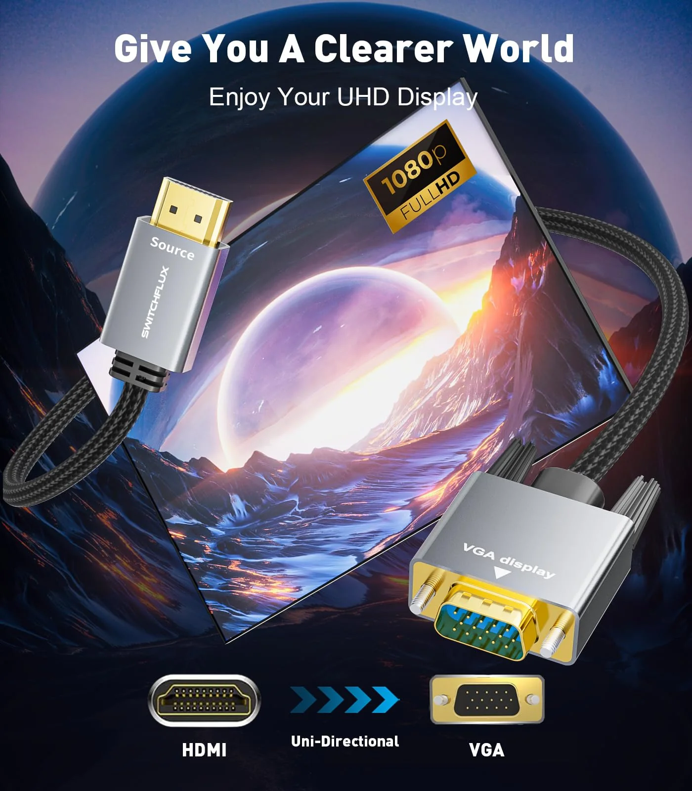 HDMI to VGA Adapter Cable 10FT [Metal Case, Nylon Cable] 1080P@60Hz HDMI Male to VGA Male Uni-Directional Braided Cord for Computer, Laptop, Monitor, Roku, Xbox, Graphics Card More - Image 2