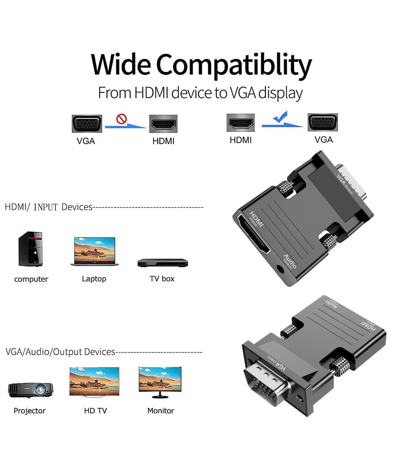 HDMI to VGA Adapter Converter, Audio Output Computer Set-top Box Connector Dongle for Laptop, PC, Monitor, Projector, HDTV, Chromebook, Roku, Xbox -3.5mm Stereo Cable Included - Image 2