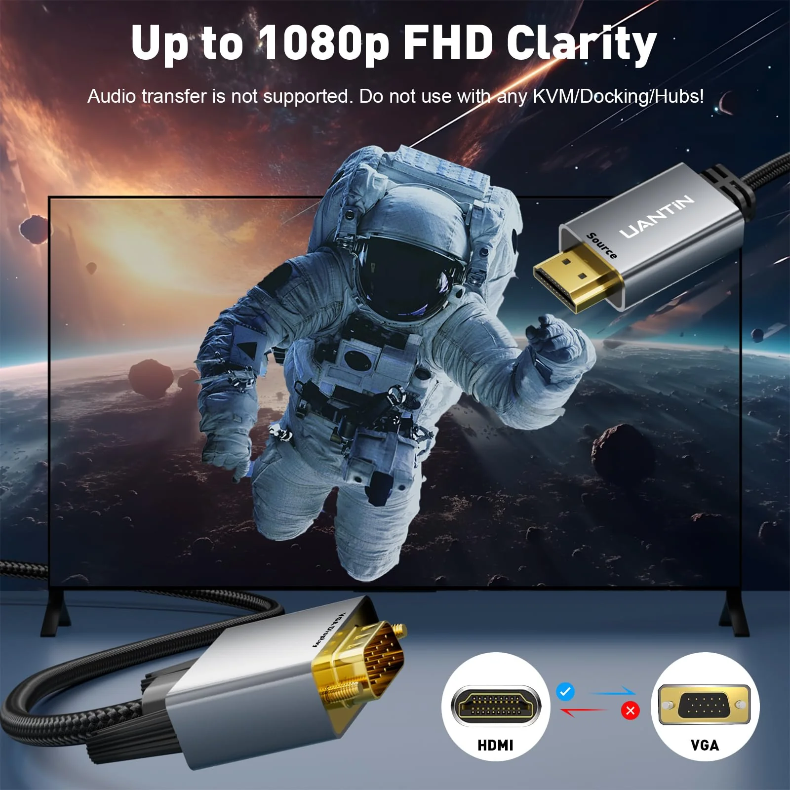 HDMI to VGA Cable Adapter 3.3FT |Anti-Interference Gold-Plated Plugs| 1080P Aluminum HDMI Source to VGA Display Braided Cord (Male to Male) for PC,Laptop,Xbox,Graphics Card,Monitor More 1 Pack - Image 2