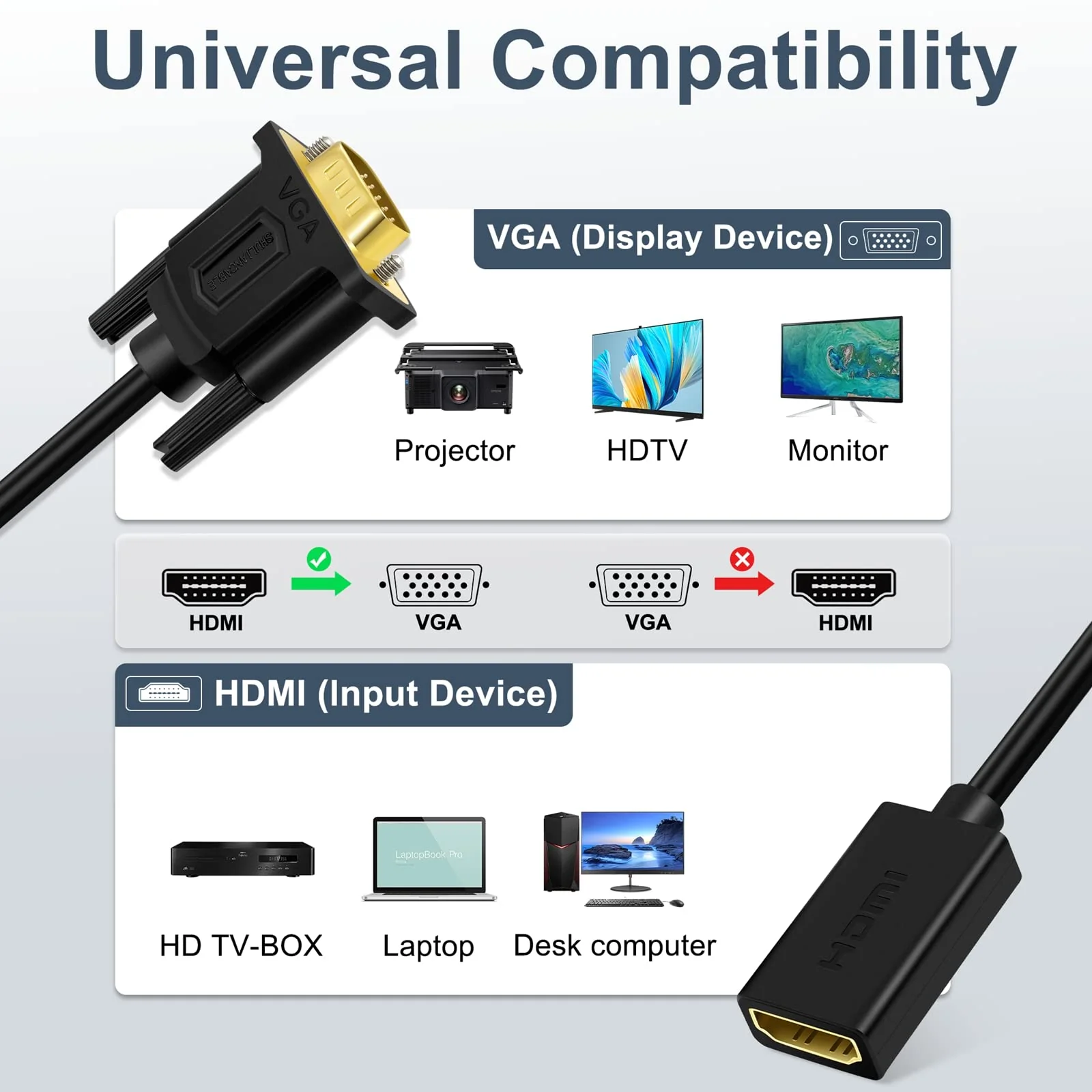 HDMI to VGA, HDMI to VGA Adapter (Female to Male) Compatible with Monitor, PC, Xbox, TV Stick, Raspberry Pi, Roku, Computer, Laptop (6 Inch) 6 Inch - Image 2