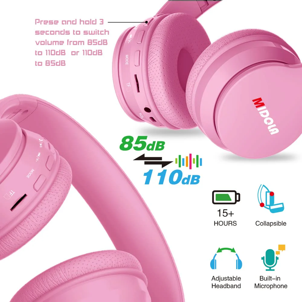 Headphones Bluetooth Wireless Kids Volume Limit 85dB /110dB Over Ear Foldable Noise Protection Headset/Wired inline AUX Cord Mic for Children Boy Girl Travel School Phone Pad Tablet PC Pink - Image 2