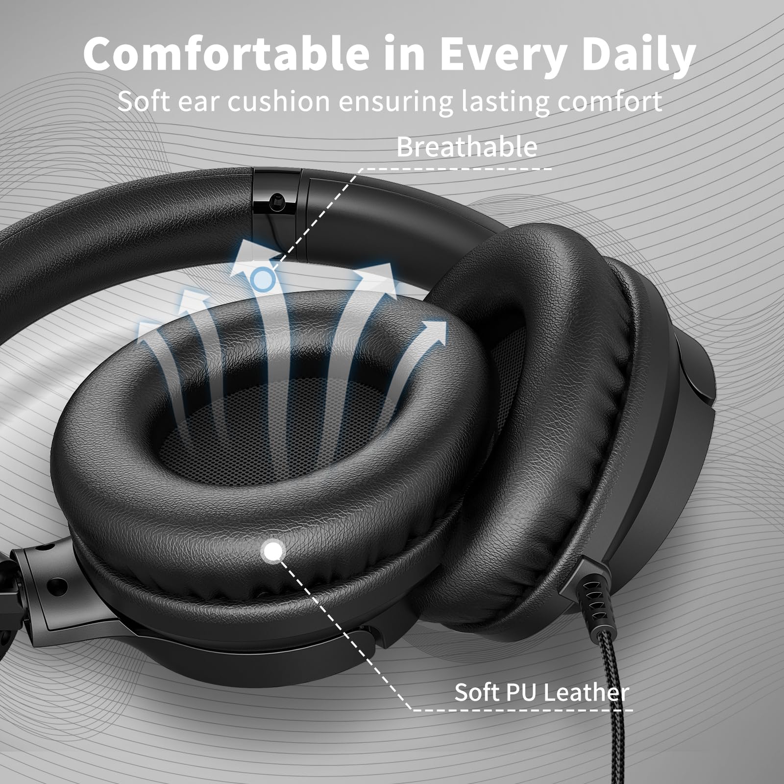 Headphones Wired with Microphone, Over Ear Foldable Headphones with 4.9ft Tangle-Free Nylon Cord, 3.5mm Plug in Headphones for Smartphone,Tablet,Computer,MP3/4 (Black) - Image 4
