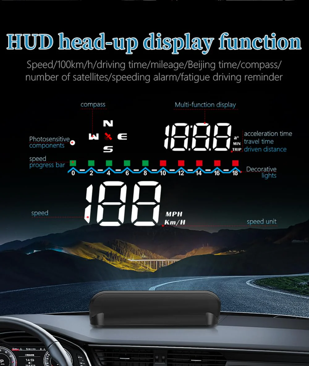 Heads Up Display with GPS Speedometer M19, Universal in-Car HUD with High Speed Warning, Fatigue Driving Alert, Voltage Alarm Speed, Driving Distance and Compass Direction - Image 2