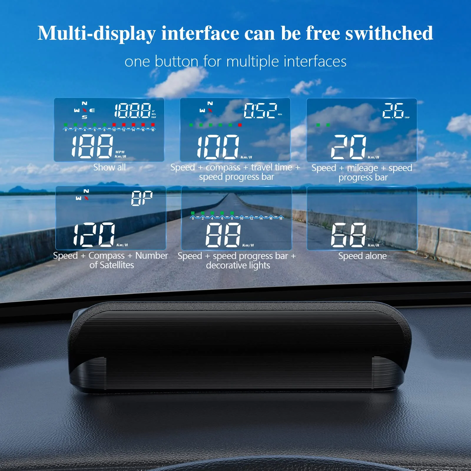 Heads Up Display with GPS Speedometer M19, Universal in-Car HUD with High Speed Warning, Fatigue Driving Alert, Voltage Alarm Speed, Driving Distance and Compass Direction - Image 7