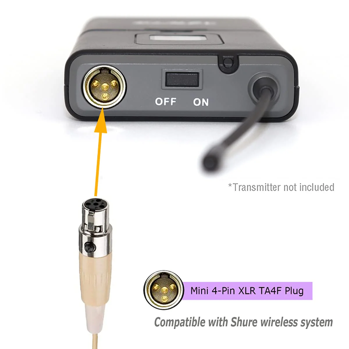 Headset Microphone Single Ear Earset Headworn Over Ear Hanging Condenser Omnidirectional Mic Compatible with Shure Wireless System Bodypack Transmitter with 1.2m Cable Mini XLR 4 Pin TA4F Plug - Image 4