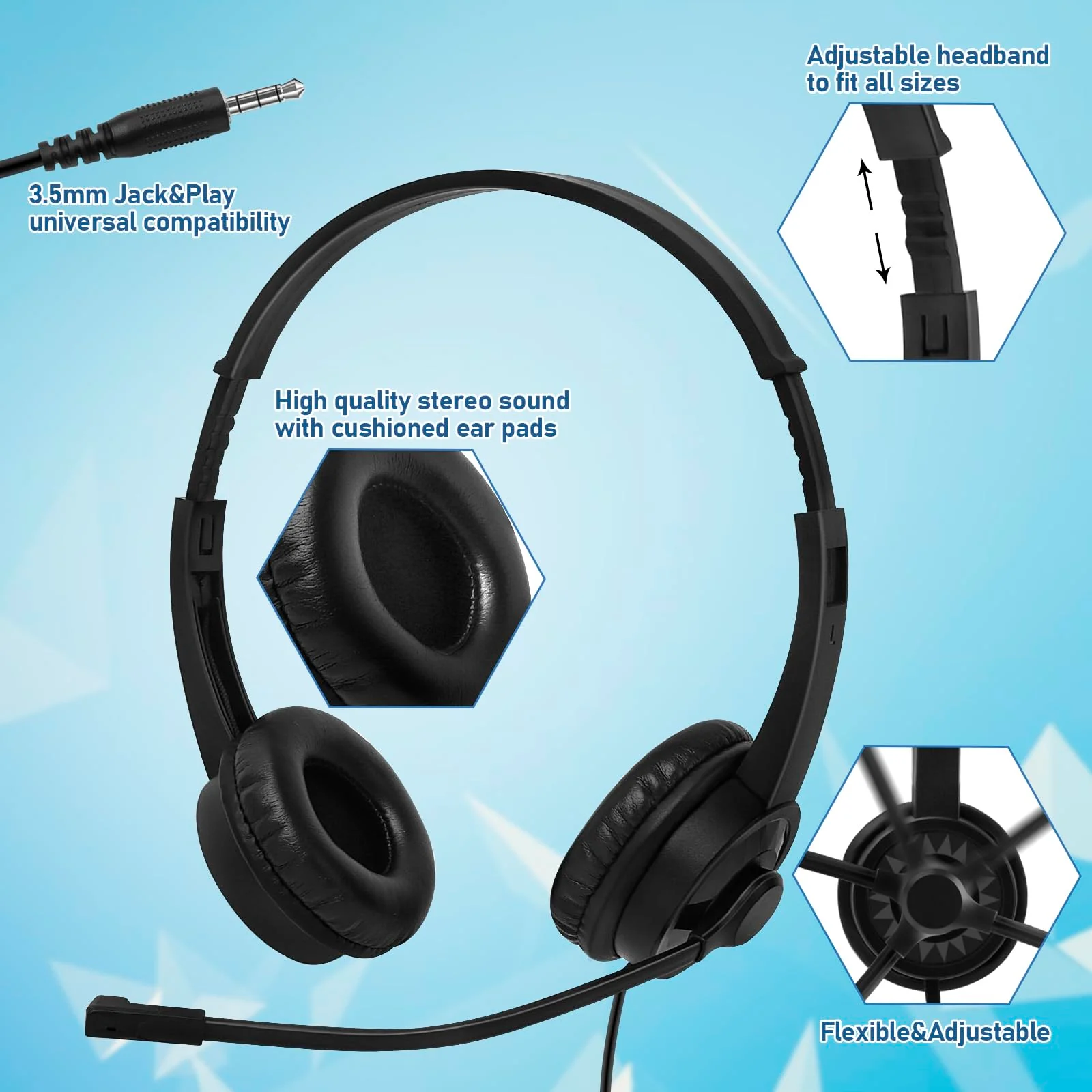 Headsets with Microphone 5 Pack Bulk- Noise Canceling Computer Headphones for School, Office, Meetings, Chat, 3.5mm Wired PC Headphones with Rotating Mic Works for Laptop LS06-5 Pack - Image 2