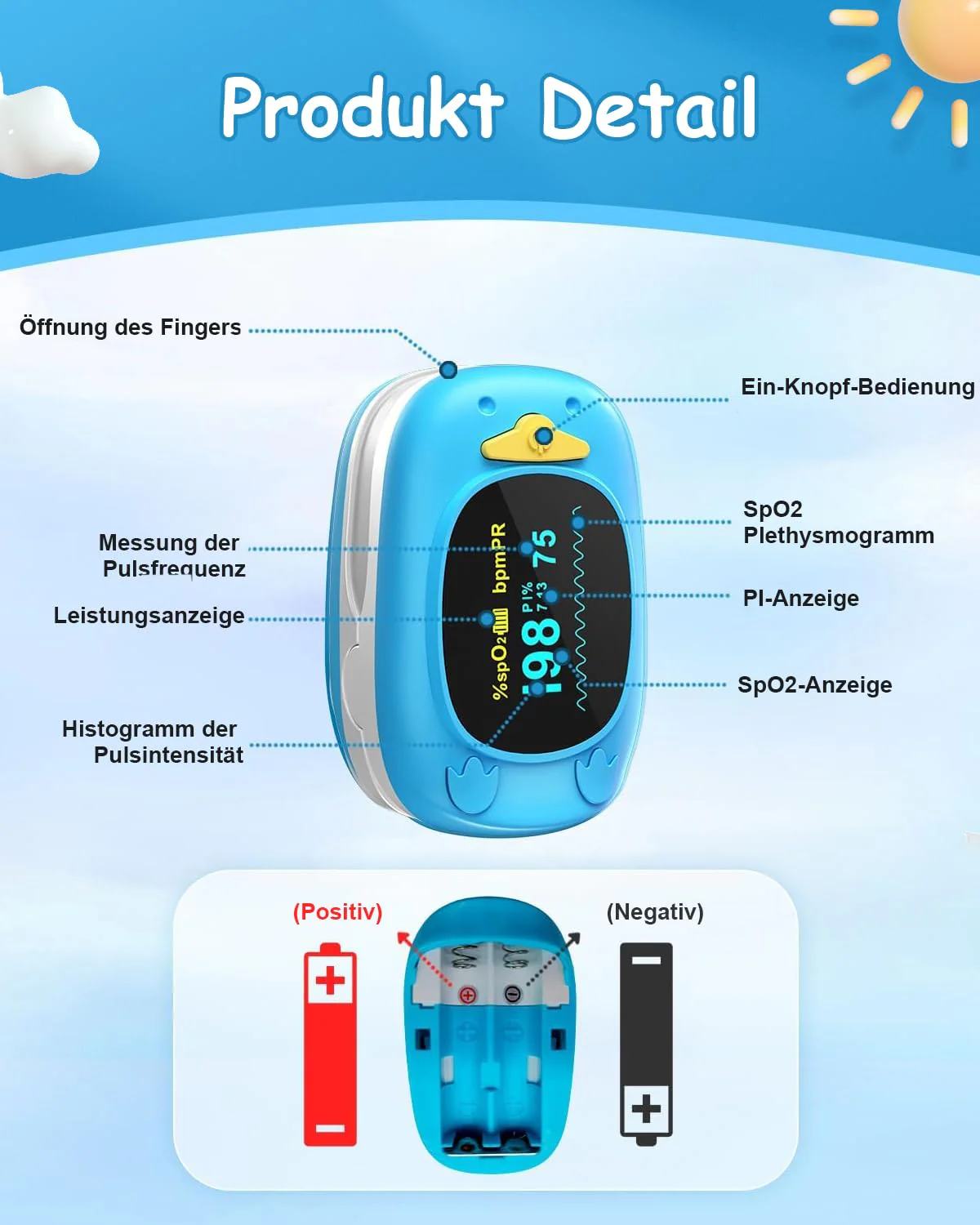HealthTree Portable Fingertip Blood Oxygen Saturation Monitor, Pediatric Pulse Oximeter with OLED Screen, 2 AAA Batteries Included, Suitable for Baby and Kids Blue - Image 2