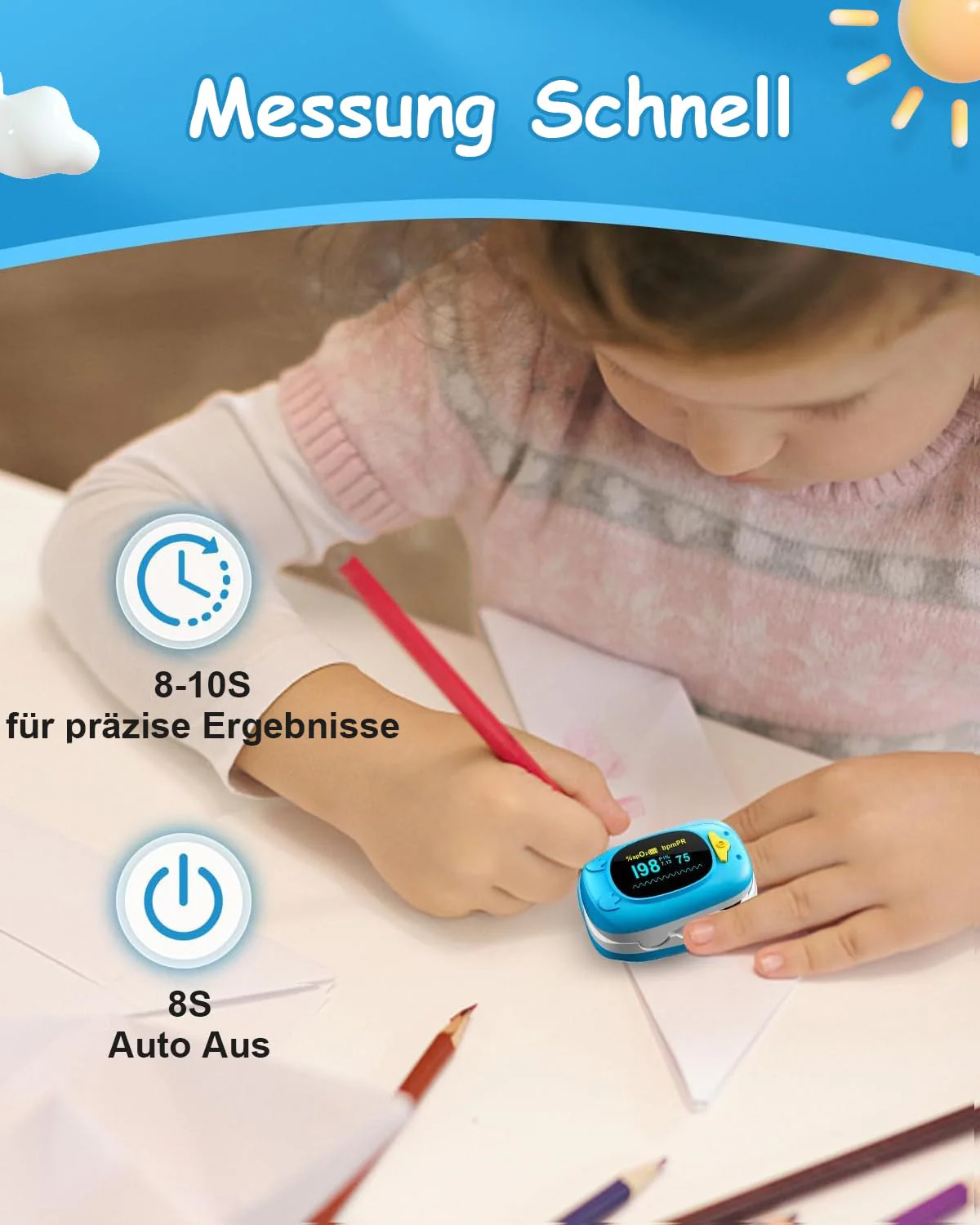 HealthTree Portable Fingertip Blood Oxygen Saturation Monitor, Pediatric Pulse Oximeter with OLED Screen, 2 AAA Batteries Included, Suitable for Baby and Kids Blue - Image 3