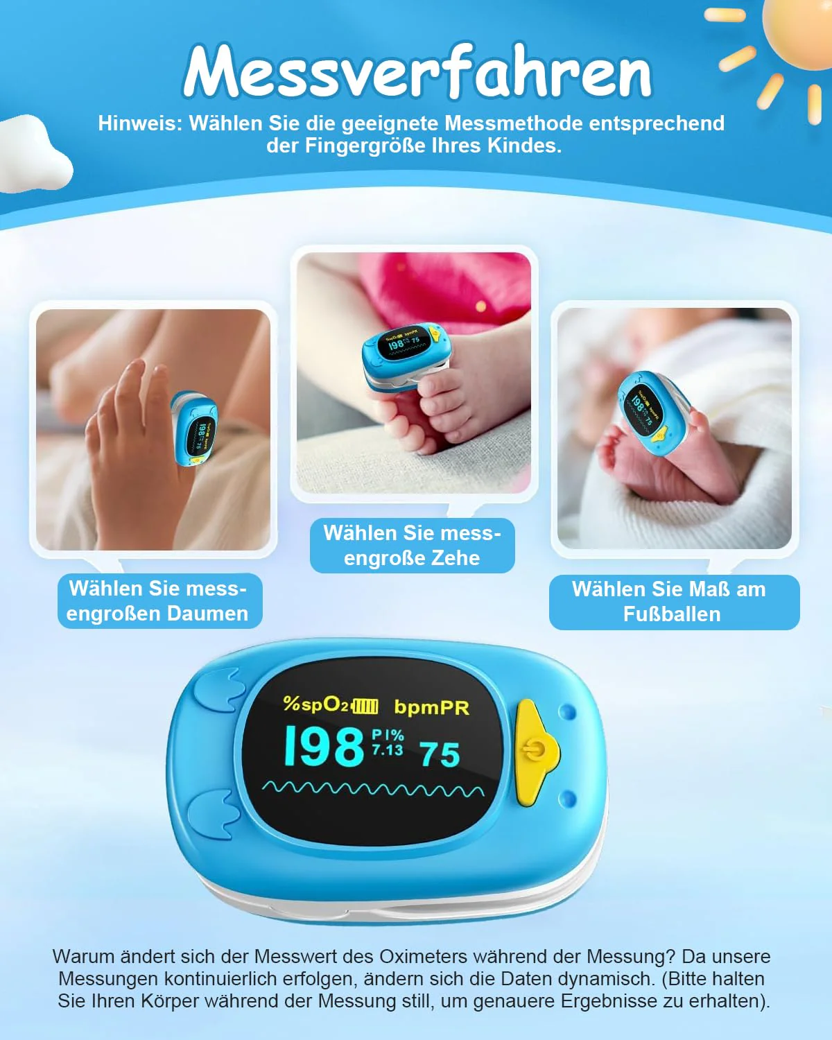 HealthTree Portable Fingertip Blood Oxygen Saturation Monitor, Pediatric Pulse Oximeter with OLED Screen, 2 AAA Batteries Included, Suitable for Baby and Kids Blue - Image 4