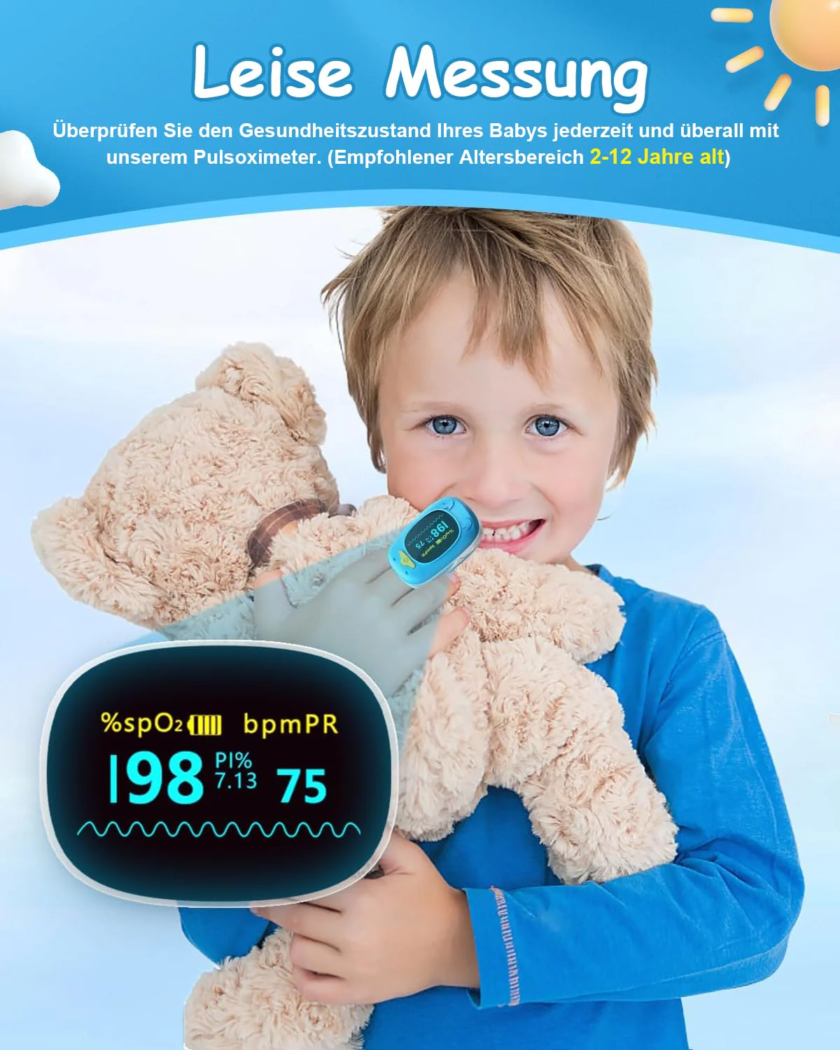 HealthTree Portable Fingertip Blood Oxygen Saturation Monitor, Pediatric Pulse Oximeter with OLED Screen, 2 AAA Batteries Included, Suitable for Baby and Kids Blue - Image 5