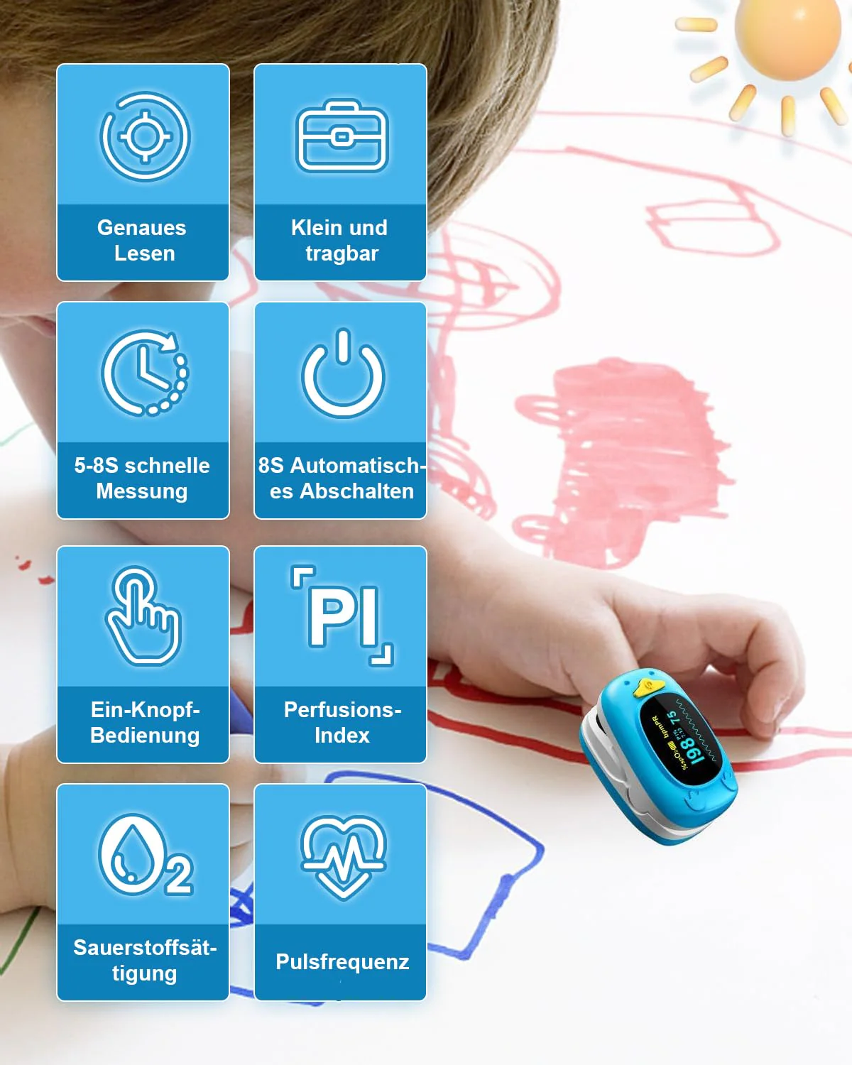 HealthTree Portable Fingertip Blood Oxygen Saturation Monitor, Pediatric Pulse Oximeter with OLED Screen, 2 AAA Batteries Included, Suitable for Baby and Kids Blue - Image 6