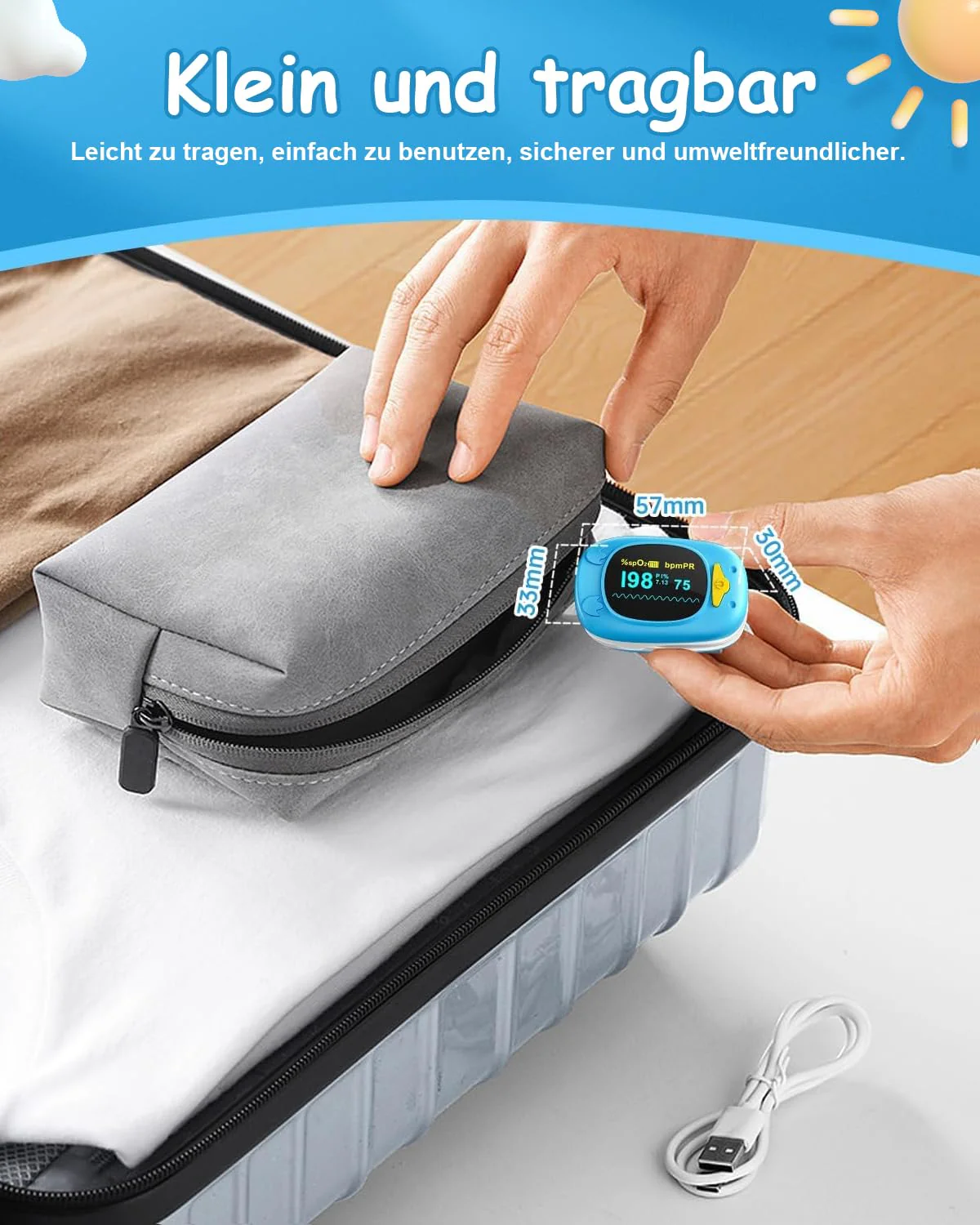 HealthTree Portable Fingertip Blood Oxygen Saturation Monitor, Pediatric Pulse Oximeter with OLED Screen, 2 AAA Batteries Included, Suitable for Baby and Kids Blue - Image 7