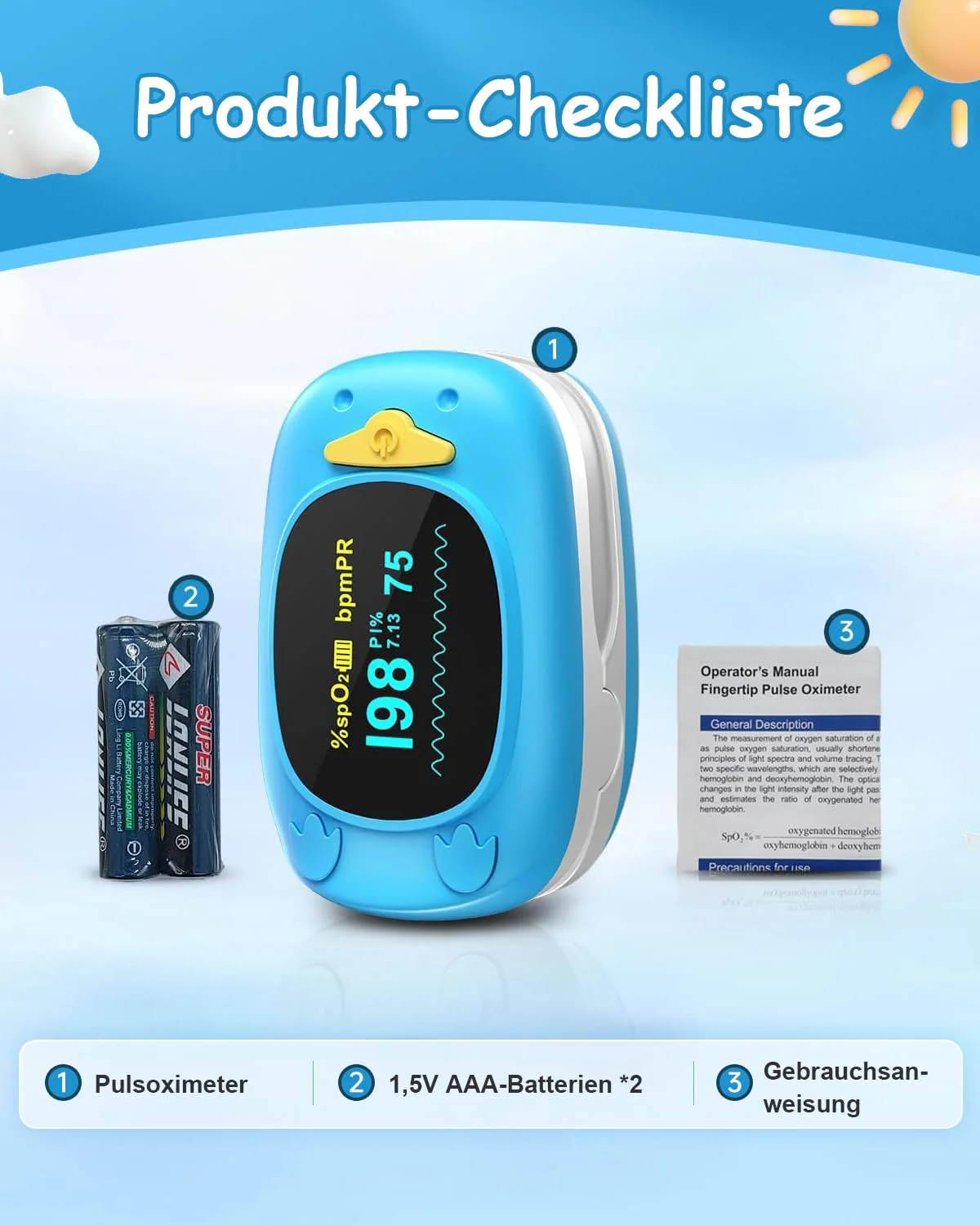 HealthTree Portable Fingertip Blood Oxygen Saturation Monitor, Pediatric Pulse Oximeter with OLED Screen, 2 AAA Batteries Included, Suitable for Baby and Kids Blue - Image 8