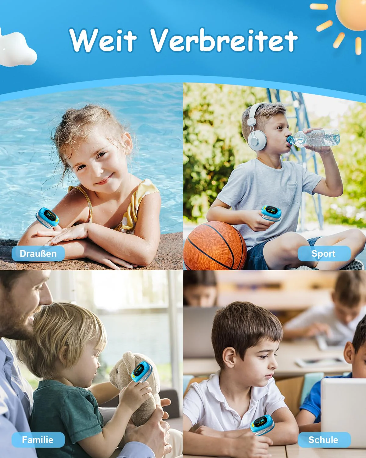 HealthTree Portable Fingertip Blood Oxygen Saturation Monitor, Pediatric Pulse Oximeter with OLED Screen, 2 AAA Batteries Included, Suitable for Baby and Kids Blue - Image 9