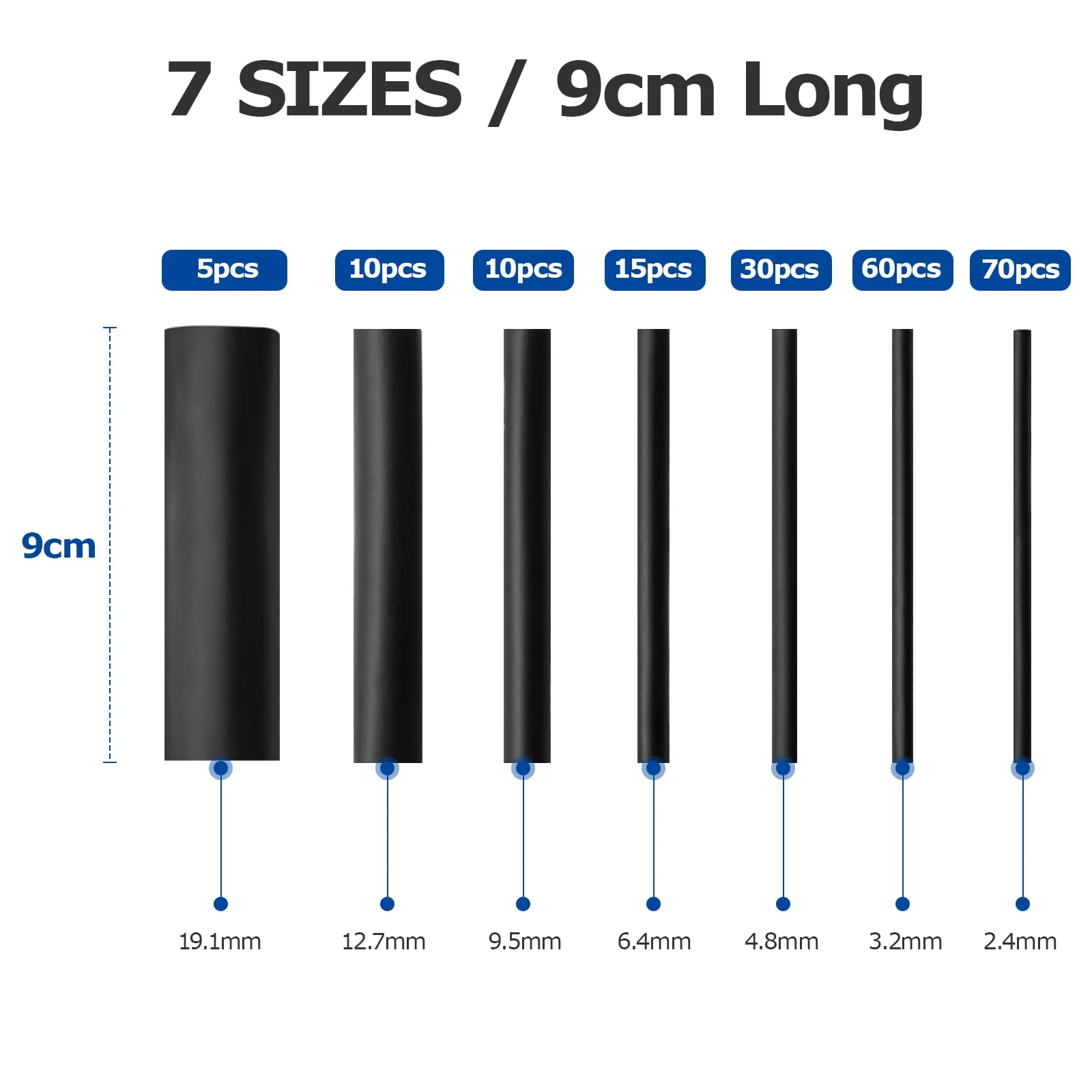 Heat Shrink Tubing Set, 200 Pieces, 9 cm, Black, Heat Shrink Tubes, Waterproof 3:1 Heat Shrink Tube Assortment, 2.4-19.1 mm for Cable Insulation, Charging Cable 9 cm Black (200 Pieces) - Image 2