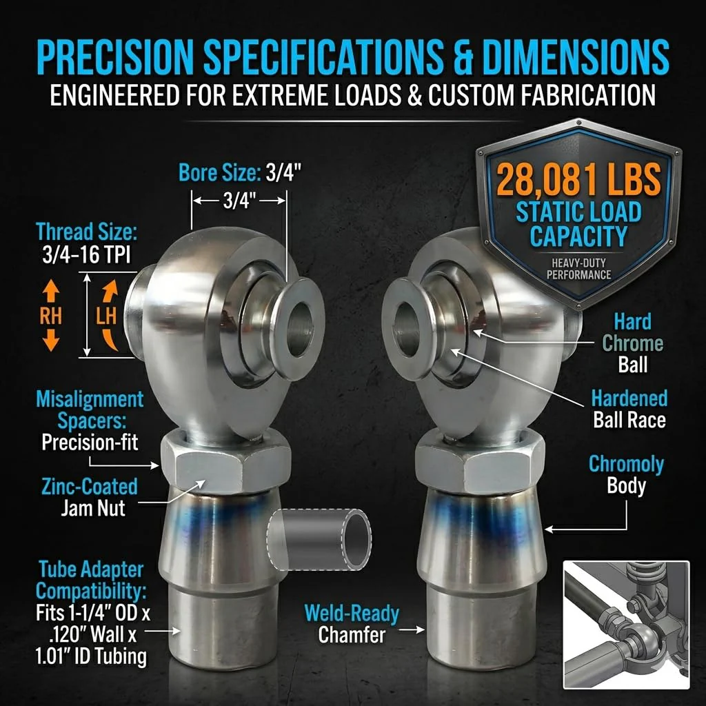 Heavy Duty 3/4" Heim Joints Kit, 28,081 lbs Load Chromoly Rod End Set for Panhard Bar, Traction Bars & Steering Linkage, 3/4-16 RH/LH Thread with 1.25" OD Tube Adapters & Misalignment Spacers - 1 Set 3/4-16(RH+LH) Style D 2 - Image 4