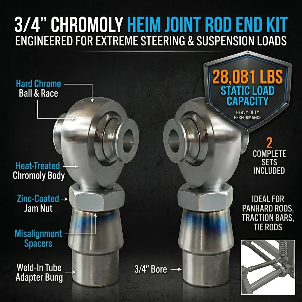 Heavy Duty 3/4" Heim Joints Kit, 28,081 lbs Load Chromoly Rod End Set for Panhard Bar, Traction Bars & Steering Linkage, 3/4-16 RH/LH Thread with 1.25" OD Tube Adapters & Misalignment Spacers - 1 Set 3/4-16(RH+LH) Style D 2 - Image 6