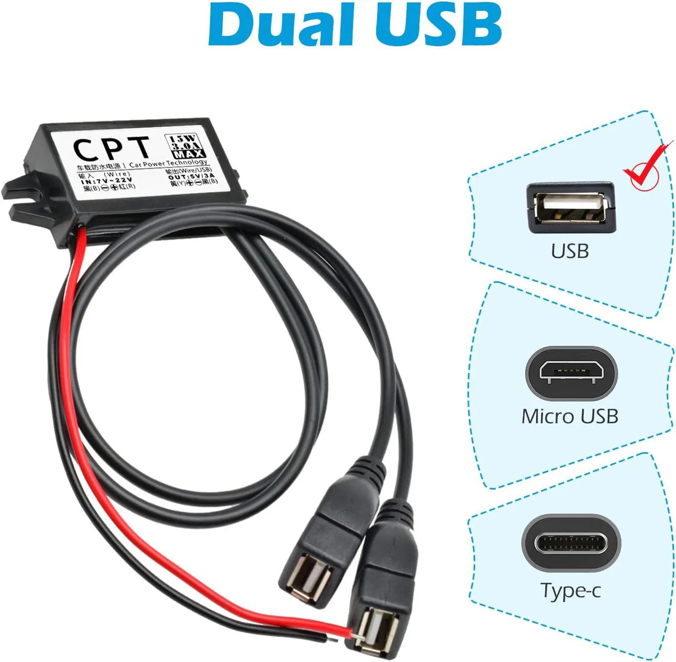 Heemol 12V to USB, 12V to 5V USB Adapter, Buck Converter Module 3A 15W DC to DC Car Power Converter Adapter (Dual USB) 1 Items - Image 3
