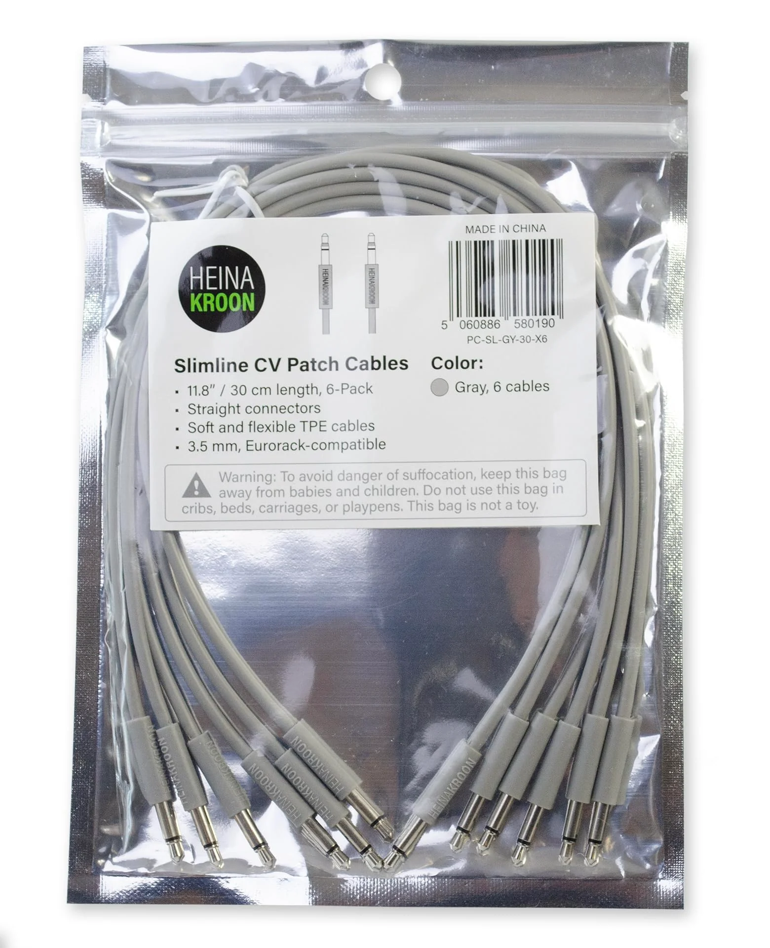 Heinakroon Slimline Gray CV Patch Cables 1/8", (NOT for Guitar) Eurorack Modular Patch Leads, 6-Pack (11.8") 11.8" - Image 3