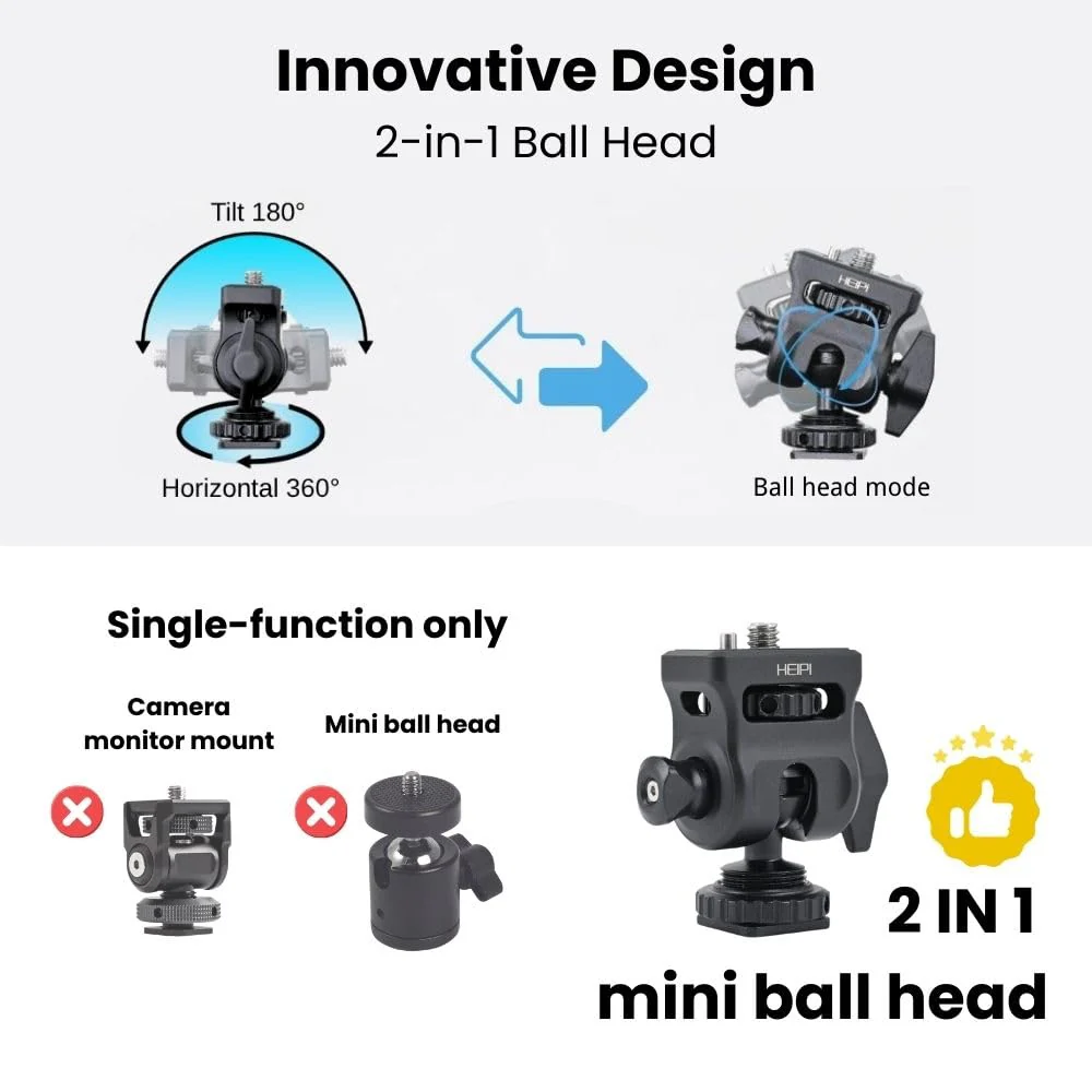 HEIPI Field Monitor Mount with Cold Shoe Mount Swivel 360° and Tilt 180°, Holder for Camera Monitor Mount, LED, Flash and Video Shooting Photography Accessories, Max Load Capacity 7.7lbs - Image 2