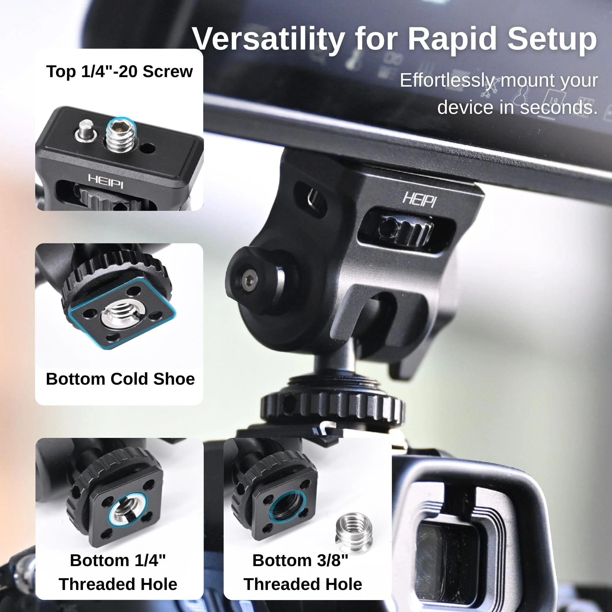 HEIPI Field Monitor Mount with Cold Shoe Mount Swivel 360° and Tilt 180°, Holder for Camera Monitor Mount, LED, Flash and Video Shooting Photography Accessories, Max Load Capacity 7.7lbs - Image 3