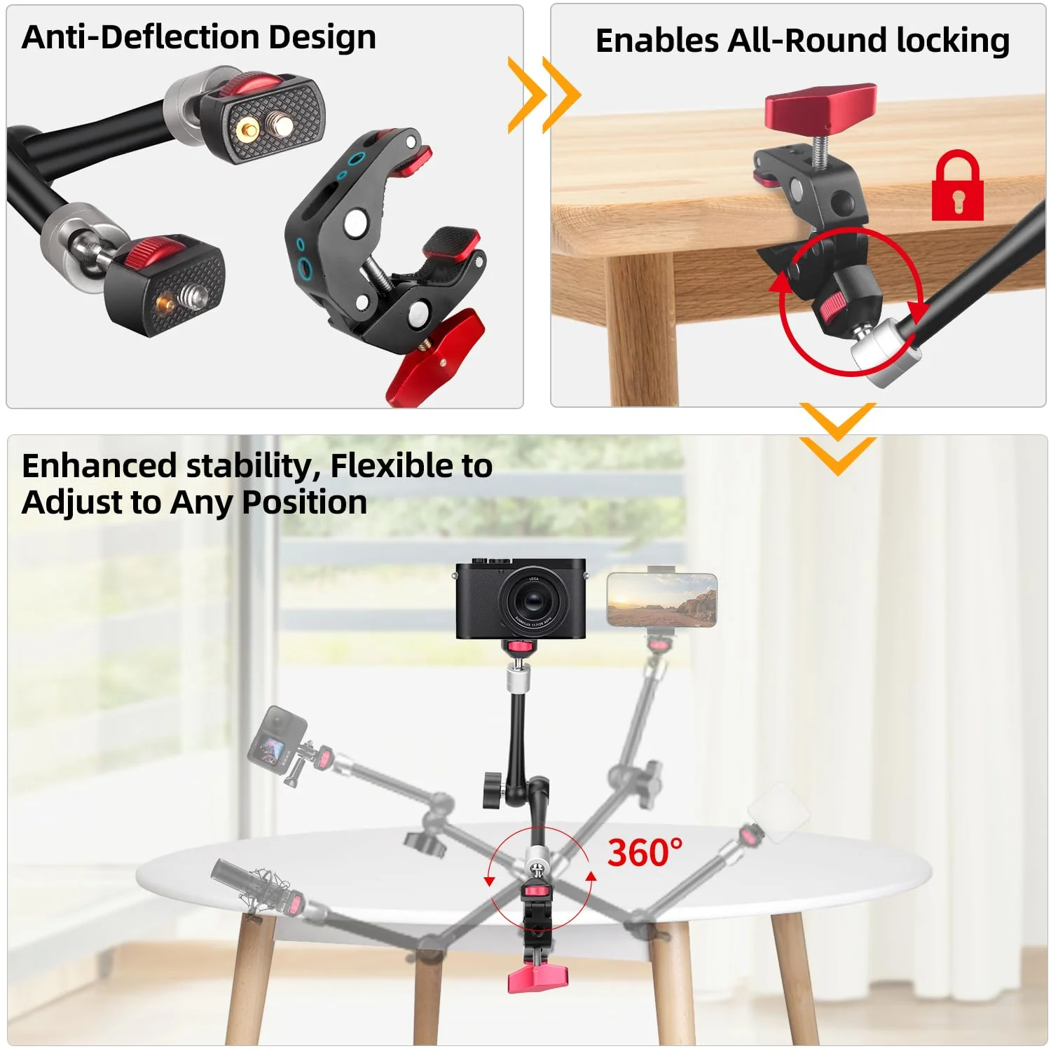 HEMMOTOP 11in Magic Arm Camera Mount Clamp, Max. Payload 5.5 LBS Articulating Arm with Anti-Twist Pins, Rotatable Pads, Adjustable Friction Arm for Monitor, LED Light, Camera Video Rig MS02 11 in - Image 3