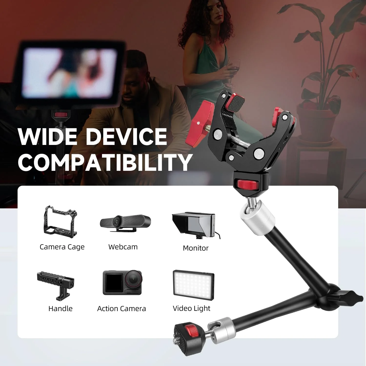 HEMMOTOP 11in Magic Arm Camera Mount Clamp, Max. Payload 5.5 LBS Articulating Arm with Anti-Twist Pins, Rotatable Pads, Adjustable Friction Arm for Monitor, LED Light, Camera Video Rig MS02 11 in - Image 6