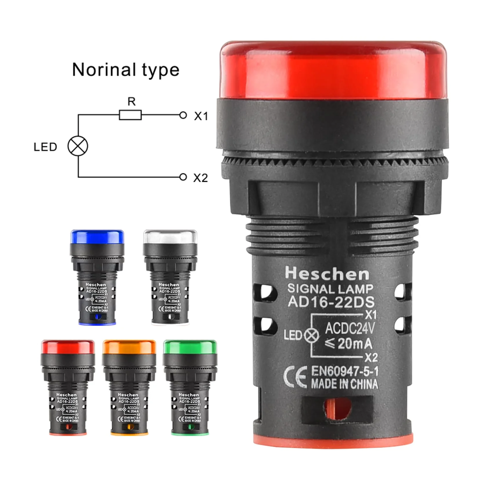 Heschen 22 mm LED Indicator Light, AD16-22D/S, 24VDC 20mA, Red, Green, Yellow, Blue, White Light Colour, Pack of 5 - Image 3