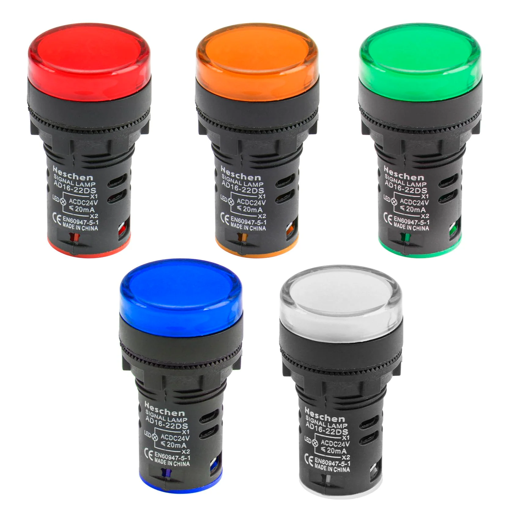 Heschen 22 mm LED Indicator Light, AD16-22D/S, 24VDC 20mA, Red, Green, Yellow, Blue, White Light Colour, Pack of 5 - Image 4