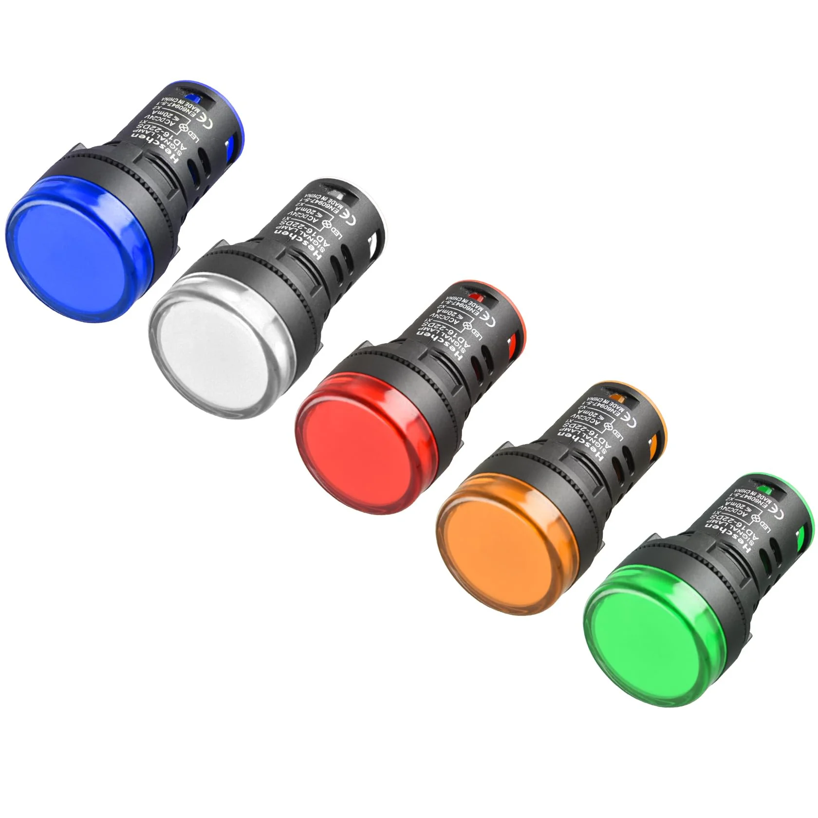 Heschen 22 mm LED Indicator Light, AD16-22D/S, 24VDC 20mA, Red, Green, Yellow, Blue, White Light Colour, Pack of 5 - Image 6