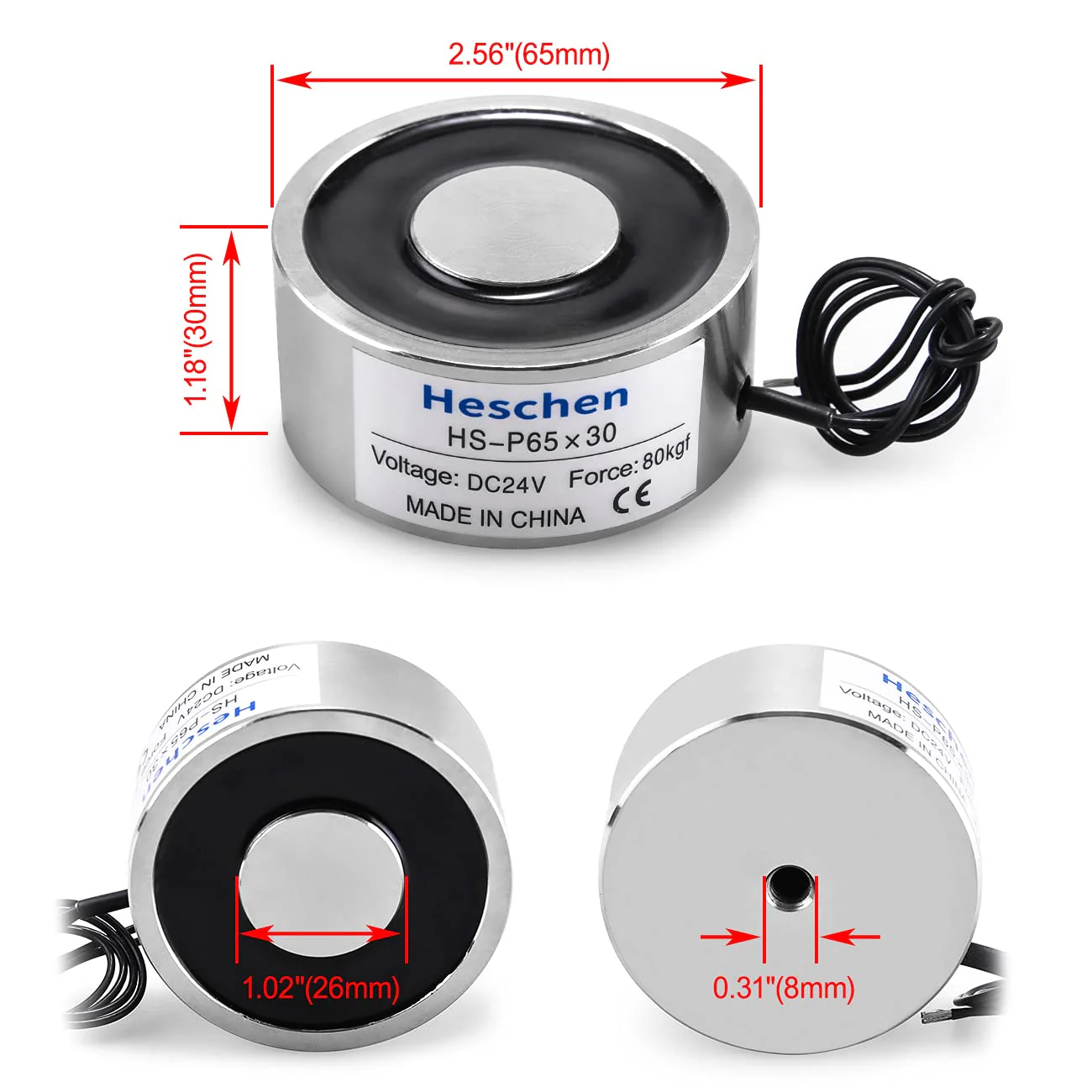 Heschen Elektromagneten Magnet P65/30, OD: 65 mm Solenoid Valve DC 24 V 80Kg/176 lb - Image 5