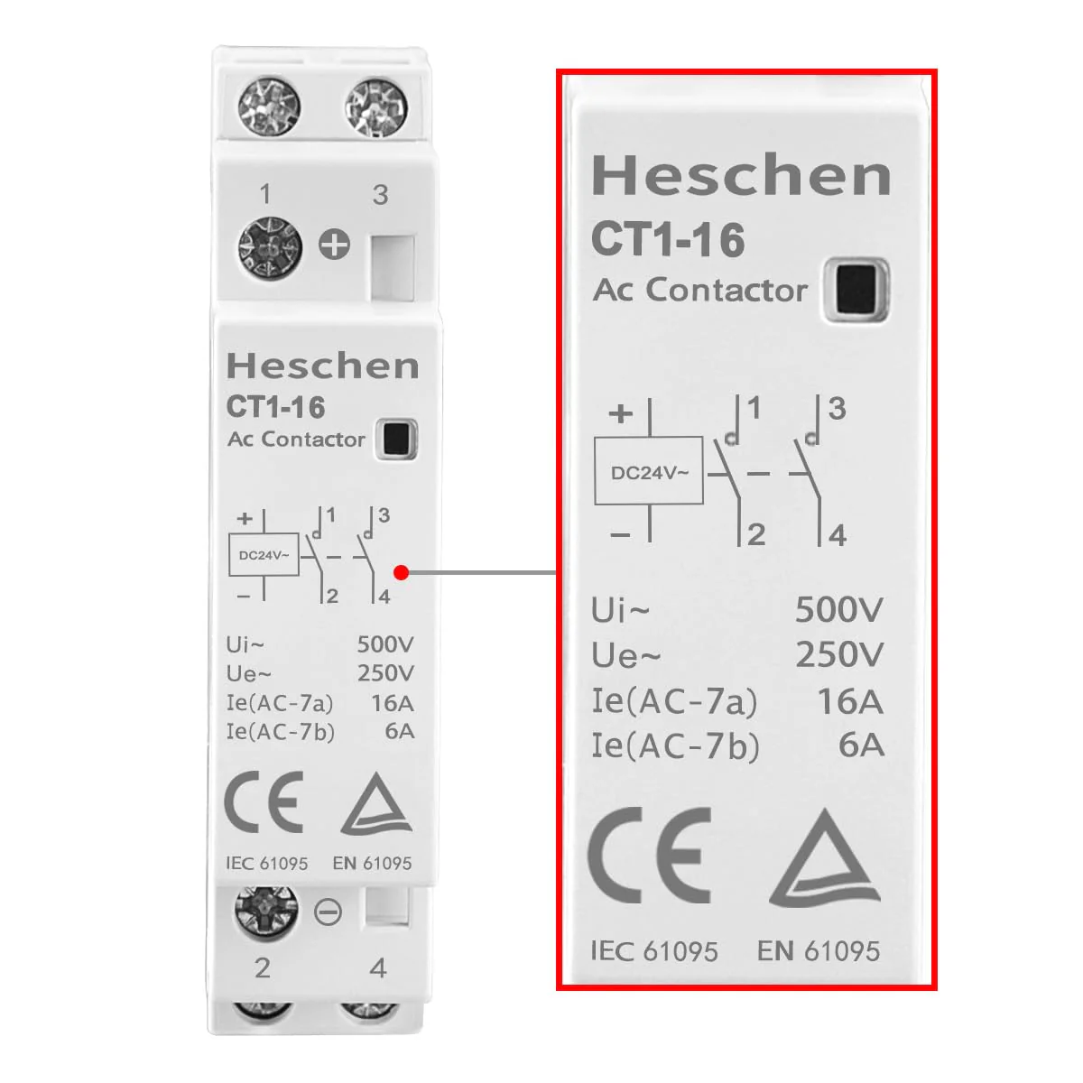 Heschen Household AC Contactor, CT1-16, Ie 16A, 2-Pole, Two Normal Open, DC 24 V Coil Voltage, 35 mm DIN Rail Mounting - Image 4