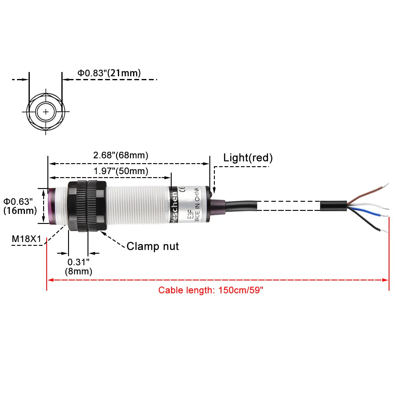 Heschen M18 Column Infrared Photoelectric Proximity Switch, Diffuse Reflection Type, E3F-DS100P3, Detection Distance 10-100CM, 10-30VDC 200mA, PNP NO+NC, 4 Wire - Image 6