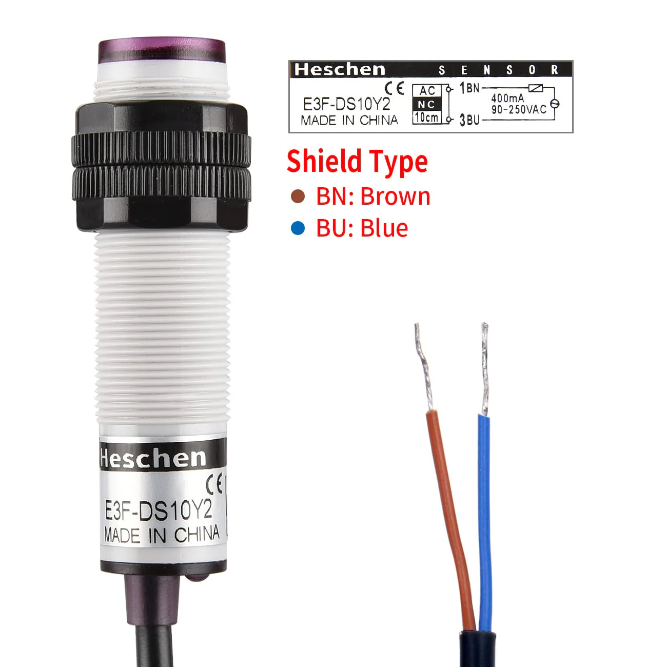 Heschen M18 Column Infrared Photoelectric Proximity Switch, Diffuse Reflection Type, E3F-DS10Y2, Detection Distance 10 cm, 90-250VAC 400mA, Normally Closed (NC), 2 Wires - Image 4