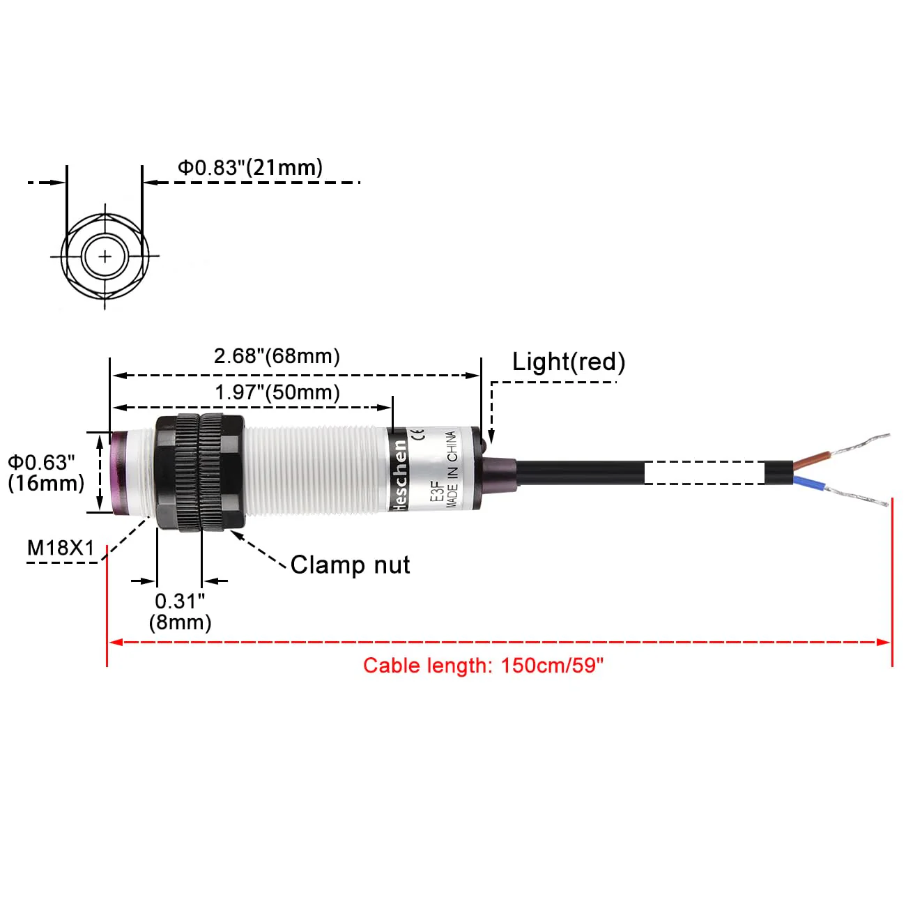 Heschen M18 Column Infrared Photoelectric Proximity Switch, Diffuse Reflection Type, E3F-DS10Y2, Detection Distance 10 cm, 90-250VAC 400mA, Normally Closed (NC), 2 Wires - Image 5