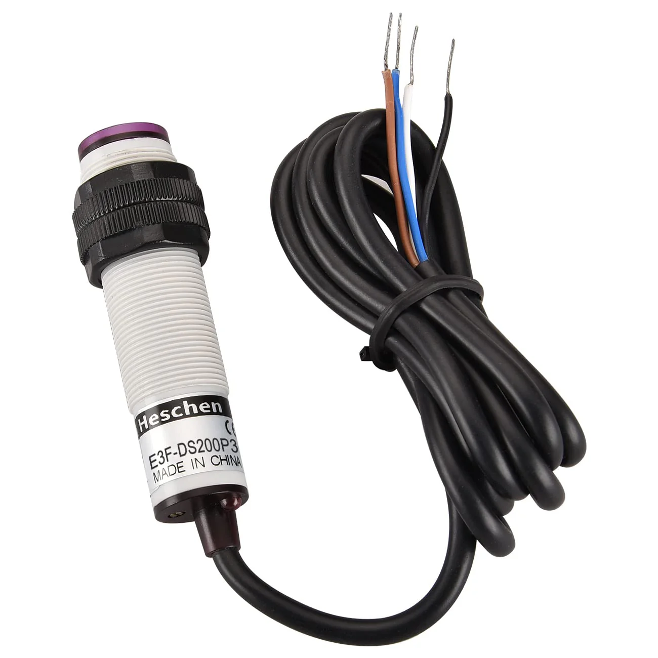 Heschen M18 Column Infrared Photoelectric Proximity Switch, Diffuse Reflection Type, E3F-DS200P3, Detection Distance 10-200CM, 10-30VDC 200mA, PNP NO+NC, 4 Wire - Image 2