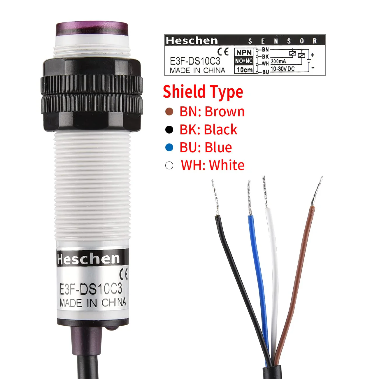 Heschen M18 Column Infrared Photoelectric Proximity Switch Diffusion Type E3F-DS10C3 Detection Distance 10cm 10-30V DC 200mA NPN NO+NC 4 Cables - Image 4