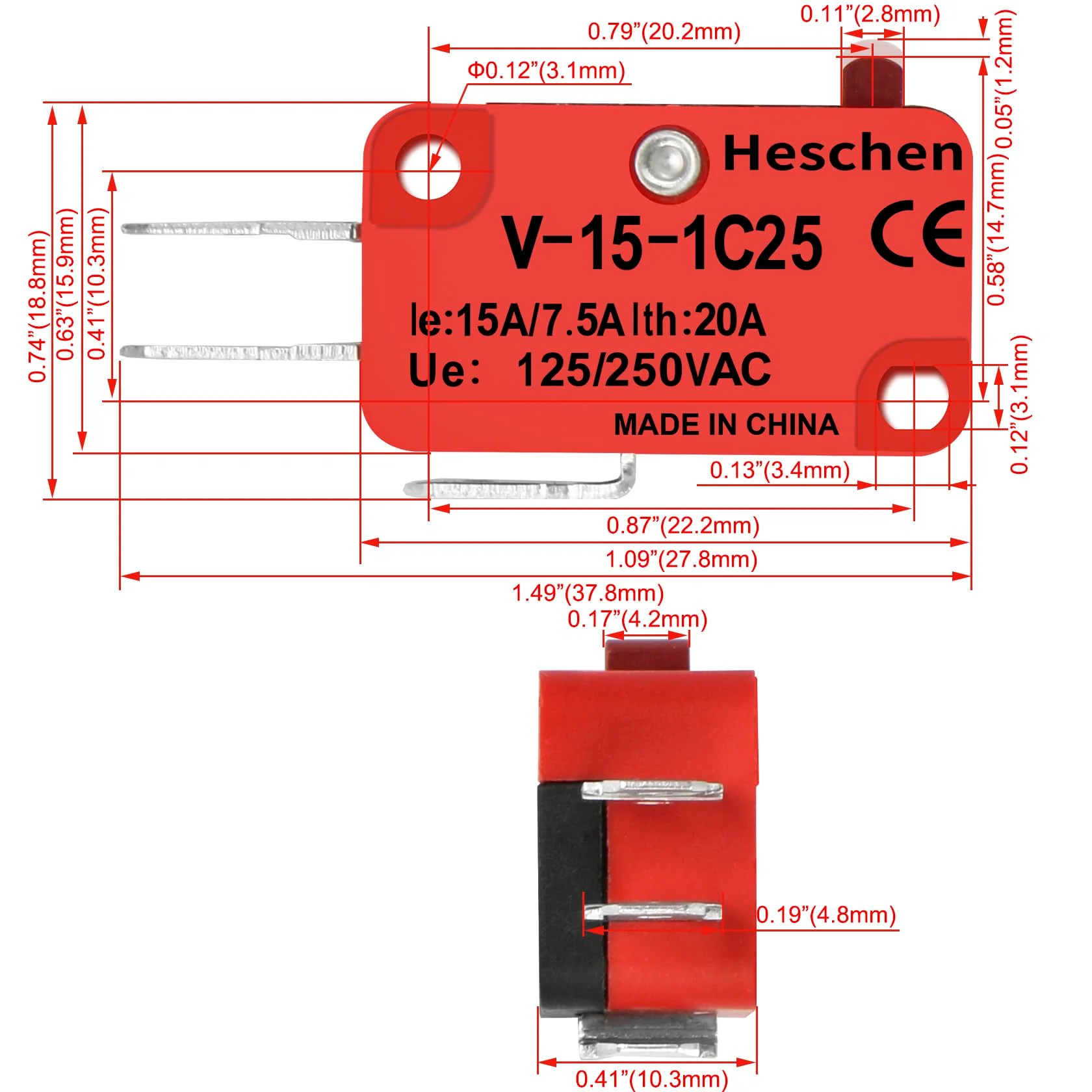 Heschen Micro Switch V-15-1C25 SPDT Button Type 20A 250VAC Pack of 2 - Image 2