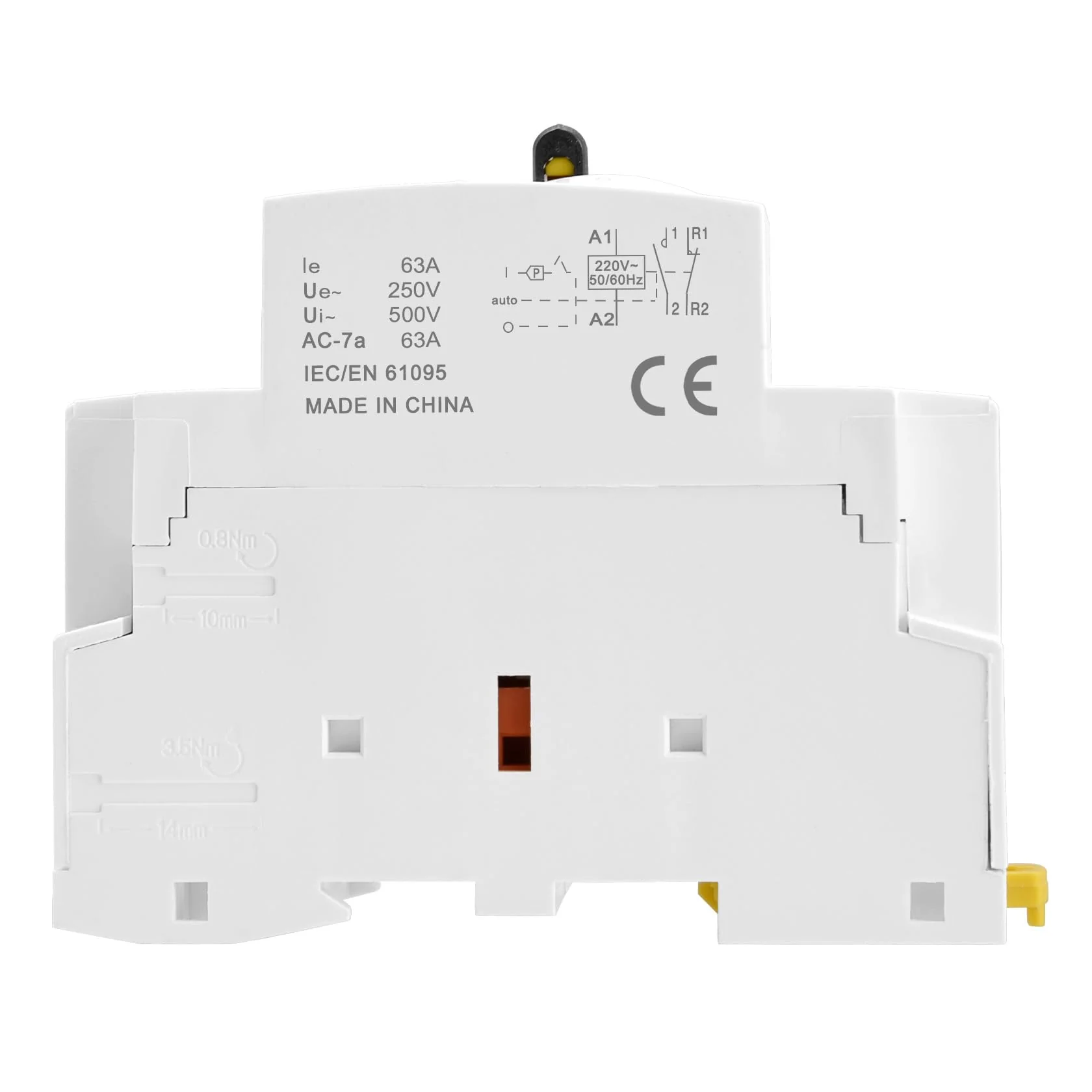 Heschen Modular Household AC Contactor, HS1-63M/11, 63A, 2 Pole, 1NO 1NC, 220VAC Coils, 35mm DIN Rail Mounting, with Manual Control Switch - Image 4