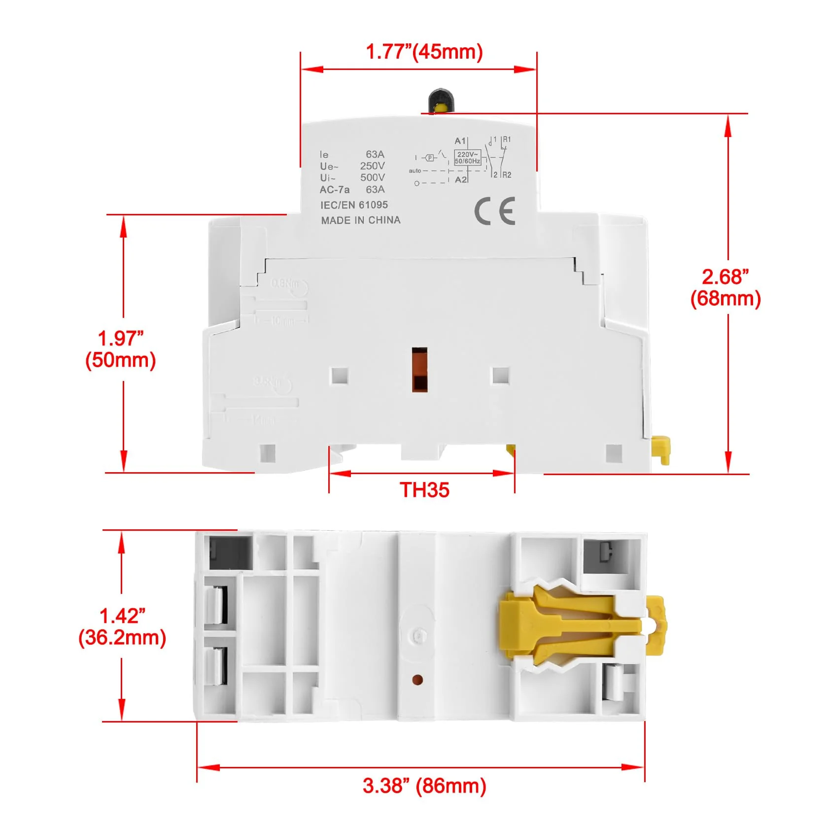 Heschen Modular Household AC Contactor, HS1-63M/11, 63A, 2 Pole, 1NO 1NC, 220VAC Coils, 35mm DIN Rail Mounting, with Manual Control Switch - Image 5