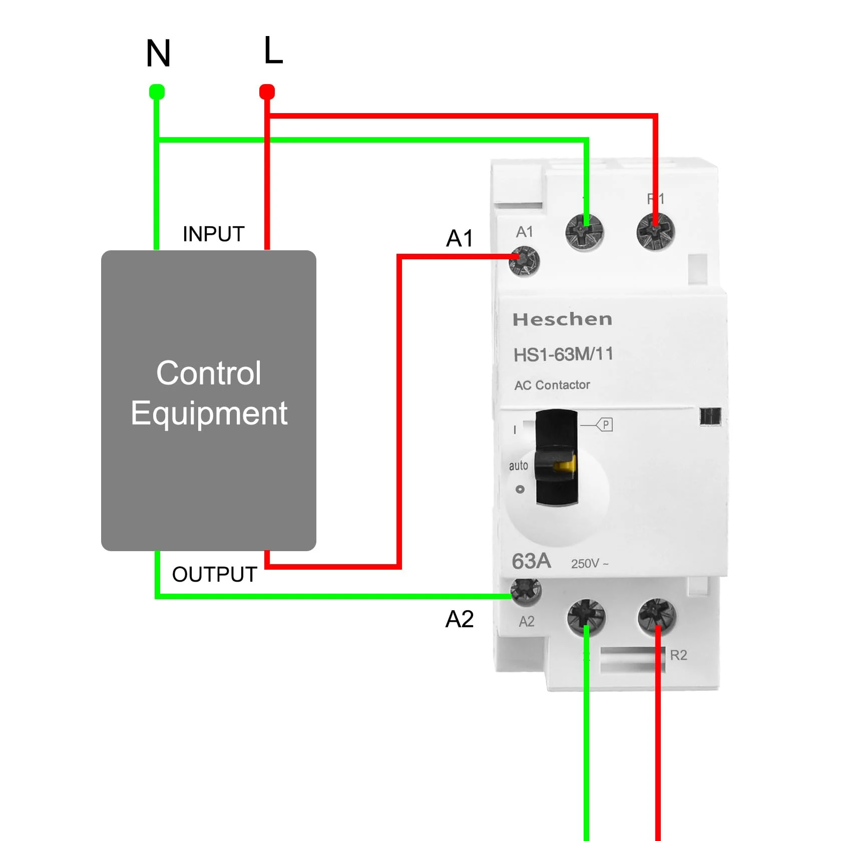 Heschen Modular Household AC Contactor, HS1-63M/11, 63A, 2 Pole, 1NO 1NC, 220VAC Coils, 35mm DIN Rail Mounting, with Manual Control Switch - Image 6