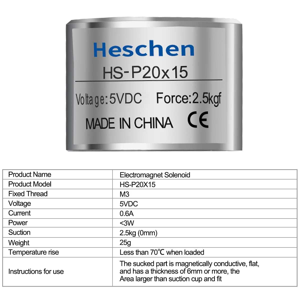heschen Solenoid Solenoid Valve P20/15, OD: 20 mm, DC 5 V, 2.5 kg/2500 g - Image 6
