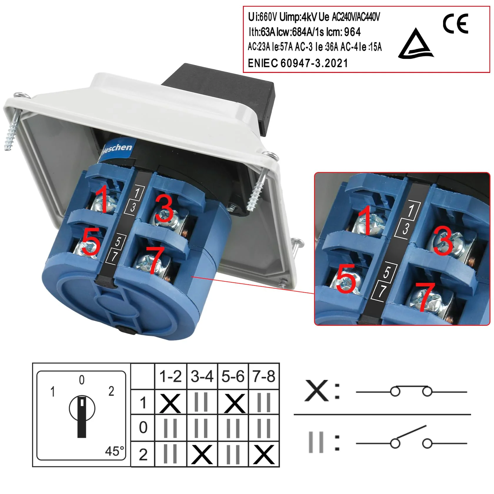 Heschen Universal Rotary Cam Selector Changeover Switch, SZW26-63/D202.2D, 660V 63A, ON-Off-ON, 3 Position 2 Phase 8 Terminals, with Master Switch Exterior Box, Gray - Image 3