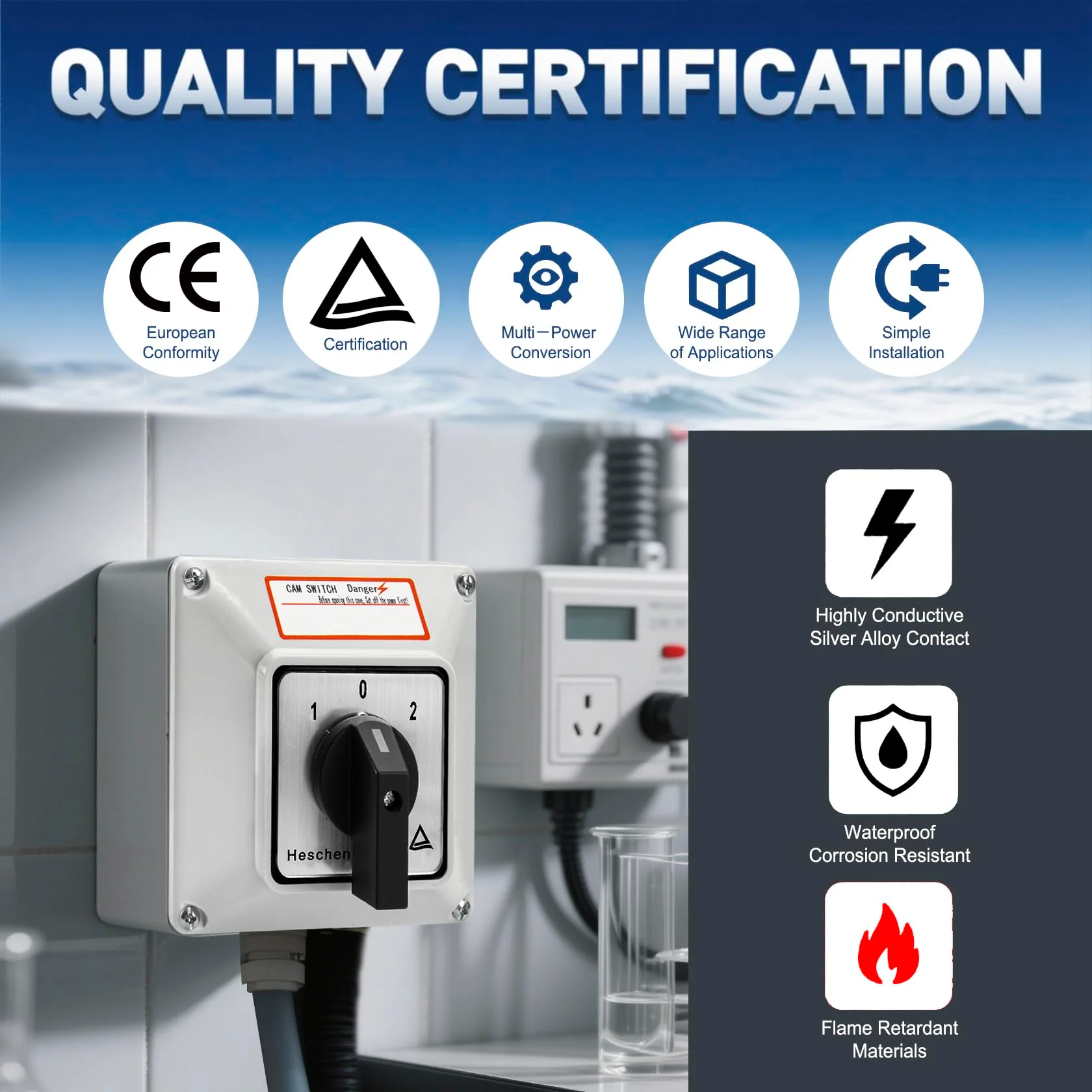 Heschen Universal Rotary Cam Selector Changeover Switch, SZW26-63/D202.2D, 660V 63A, ON-Off-ON, 3 Position 2 Phase 8 Terminals, with Master Switch Exterior Box, Gray - Image 4