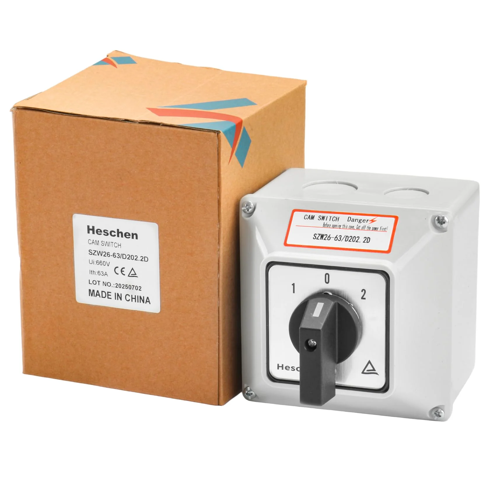 Heschen Universal Rotary Cam Selector Changeover Switch, SZW26-63/D202.2D, 660V 63A, ON-Off-ON, 3 Position 2 Phase 8 Terminals, with Master Switch Exterior Box, Gray - Image 7