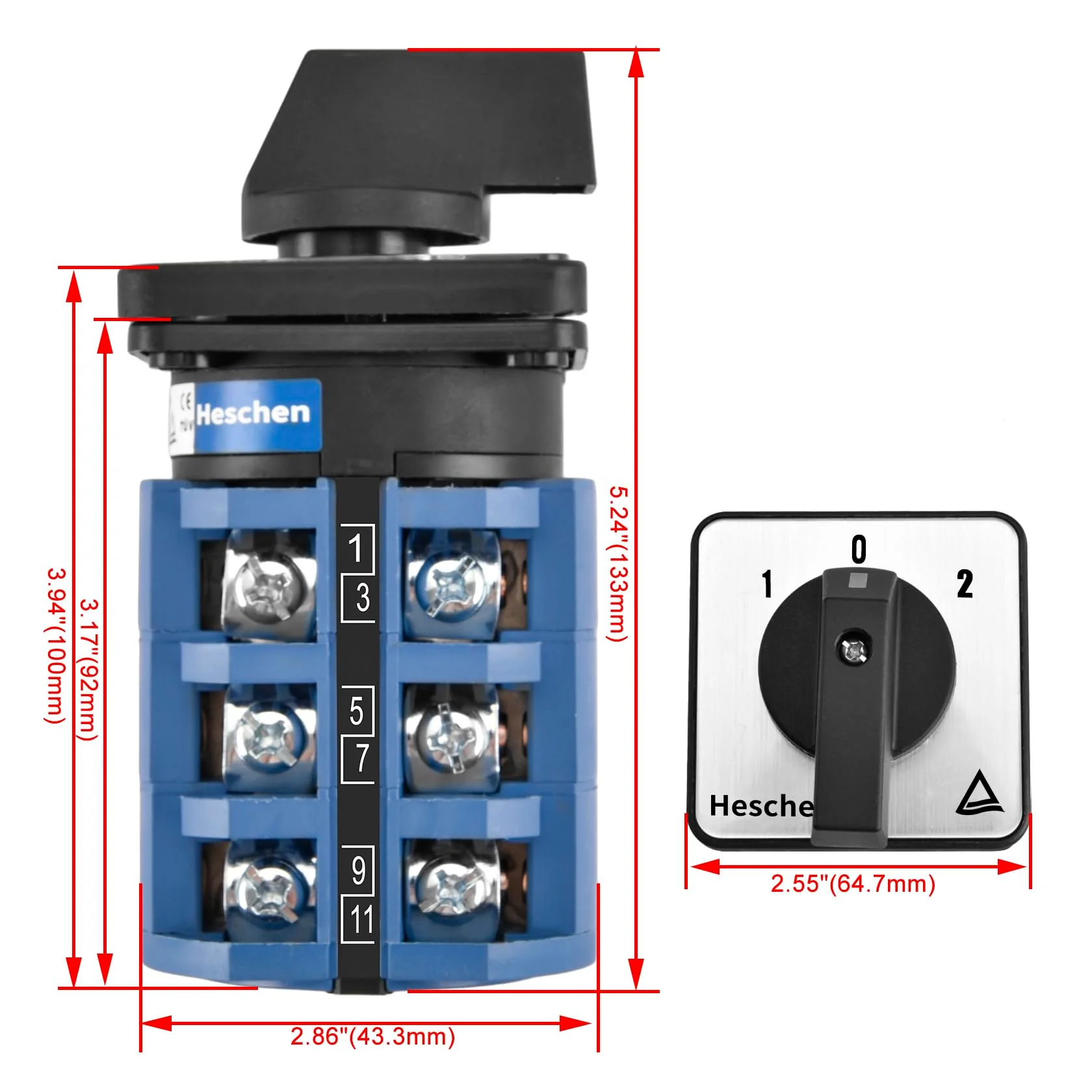 Heschen Universal Rotary Cam Selector Changeover Switch SZW26-63/D303.3 660V 63A ON-Off-ON 3 Position 3 Phase 12 Terminals CE - Image 2
