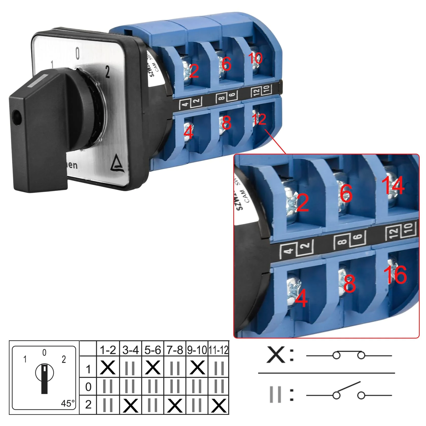Heschen Universal Rotary Cam Selector Changeover Switch SZW26-63/D303.3 660V 63A ON-Off-ON 3 Position 3 Phase 12 Terminals CE - Image 3
