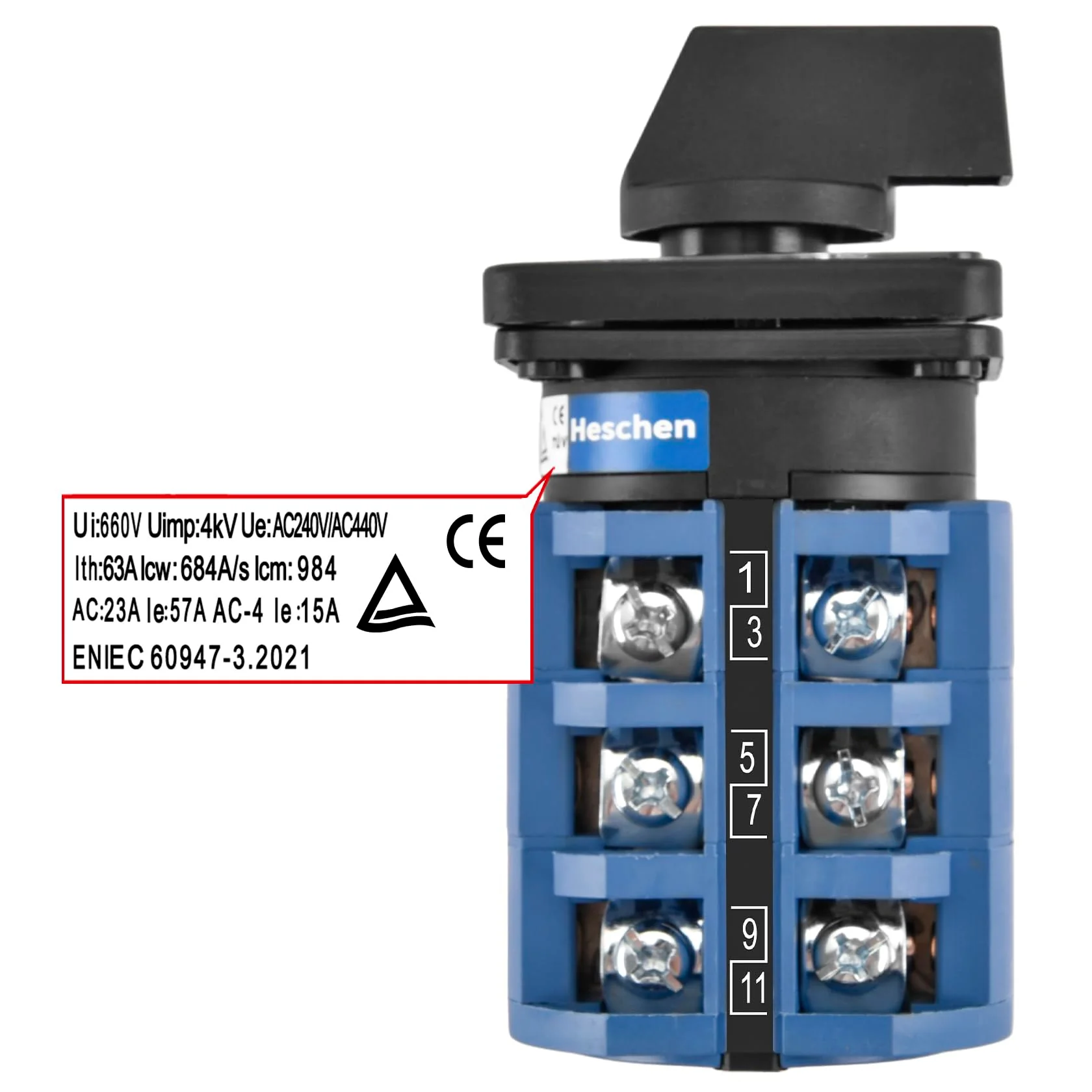 Heschen Universal Rotary Cam Selector Changeover Switch SZW26-63/D303.3 660V 63A ON-Off-ON 3 Position 3 Phase 12 Terminals CE - Image 4