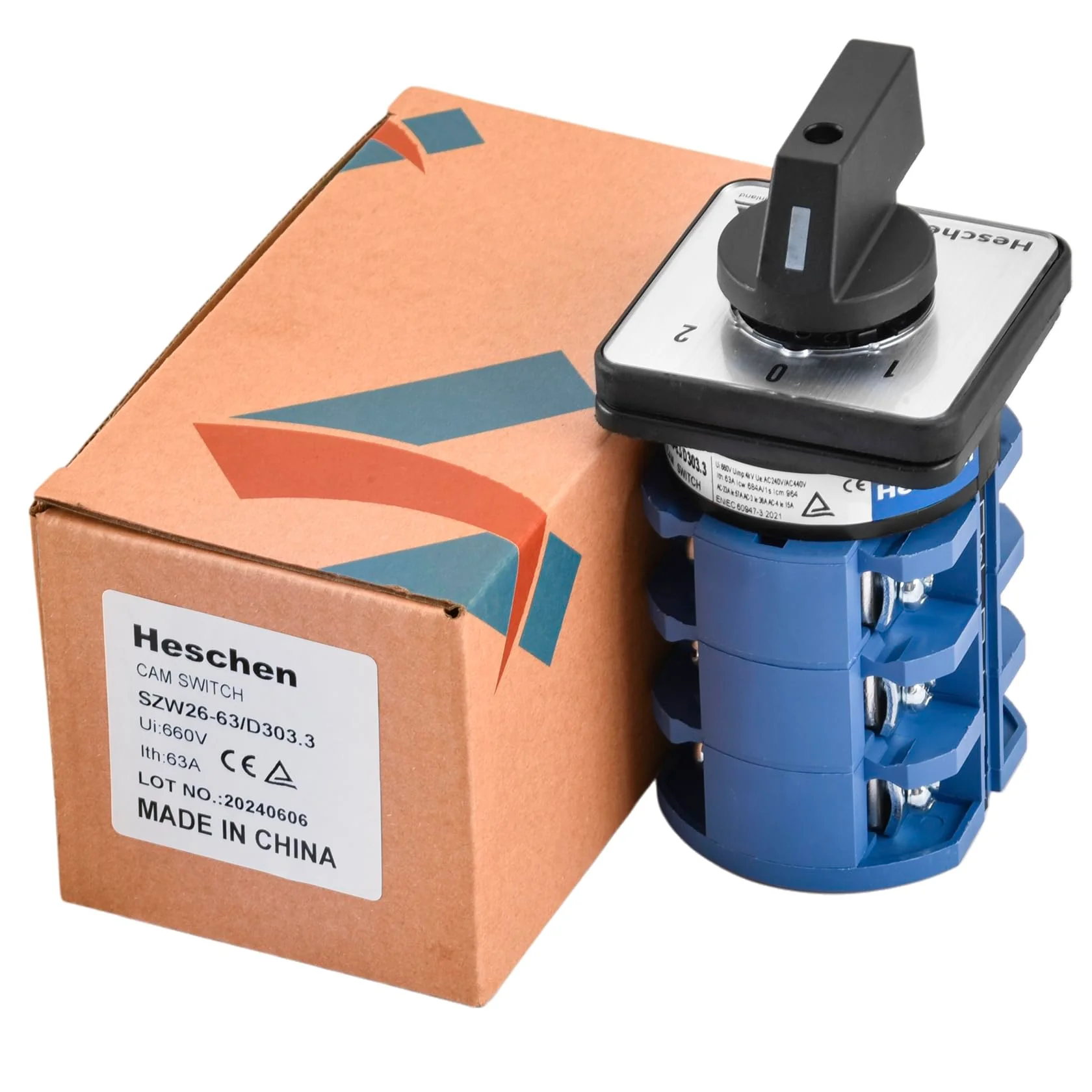 Heschen Universal Rotary Cam Selector Changeover Switch SZW26-63/D303.3 660V 63A ON-Off-ON 3 Position 3 Phase 12 Terminals CE - Image 6