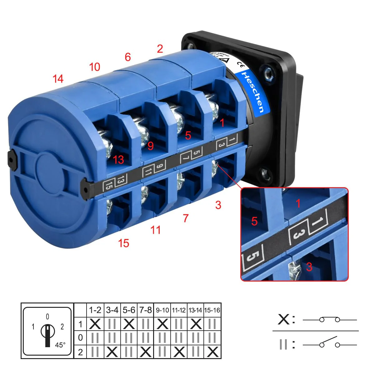 Heschen Universal Rotary Cam Selector Changeover Switch, SZW26-63/D404.4, 660V 63A, ON-Off-ON 3 Position 4 Phase, 4NO+4NC, 16 Terminals, CE - Image 2